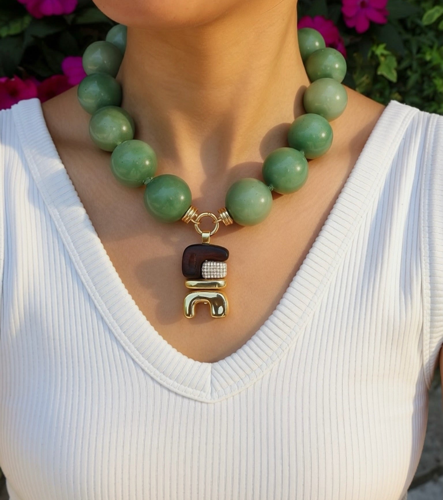18k yellow gold large green aventurine beaded choker necklace with bail that opens for charms and pendant by Beck Tiny Gods