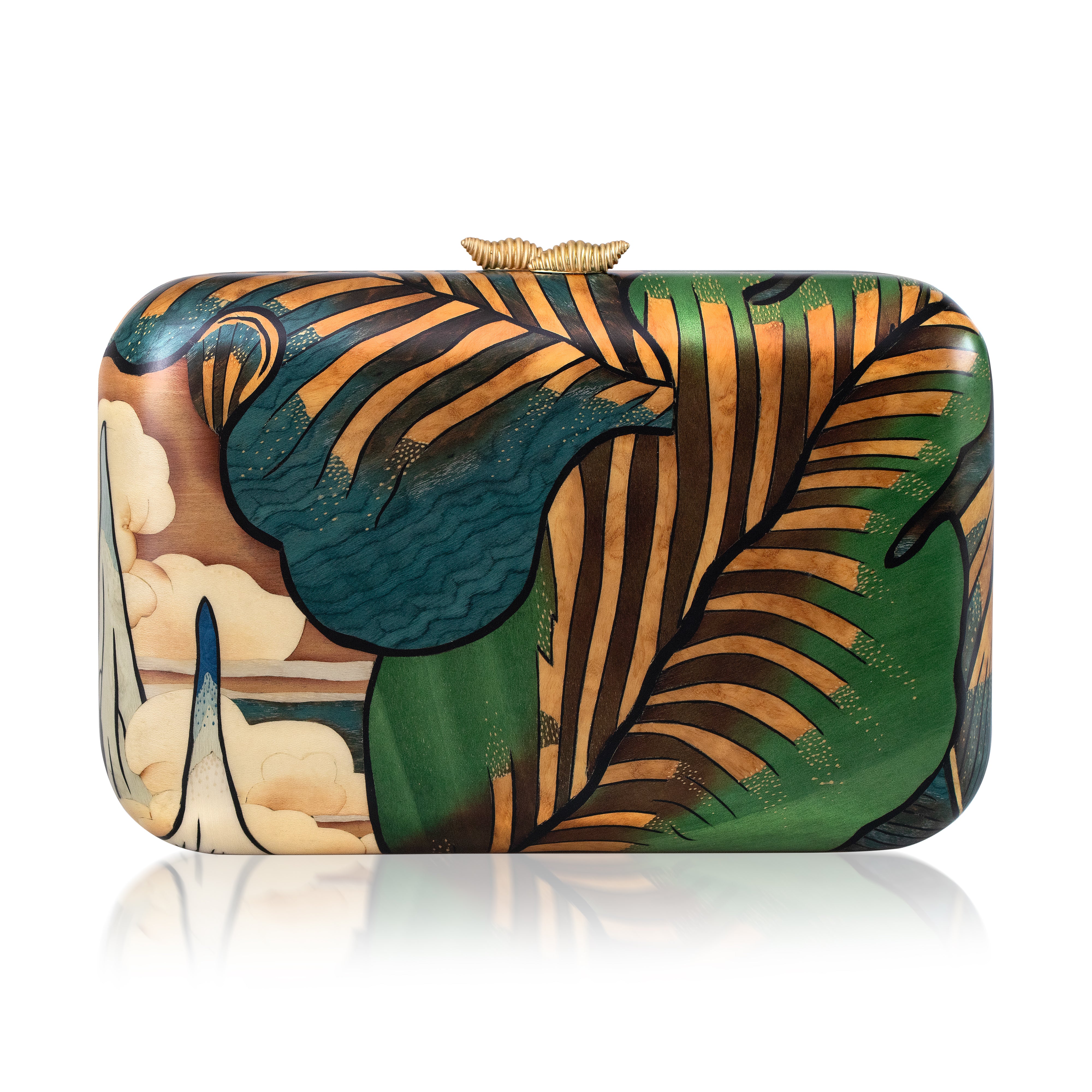 18k yellow gold Tibetan forest palm leaf wood marquetry rectangular hand bag clutch purse by Silvia Furmanovich Home Tiny Gods