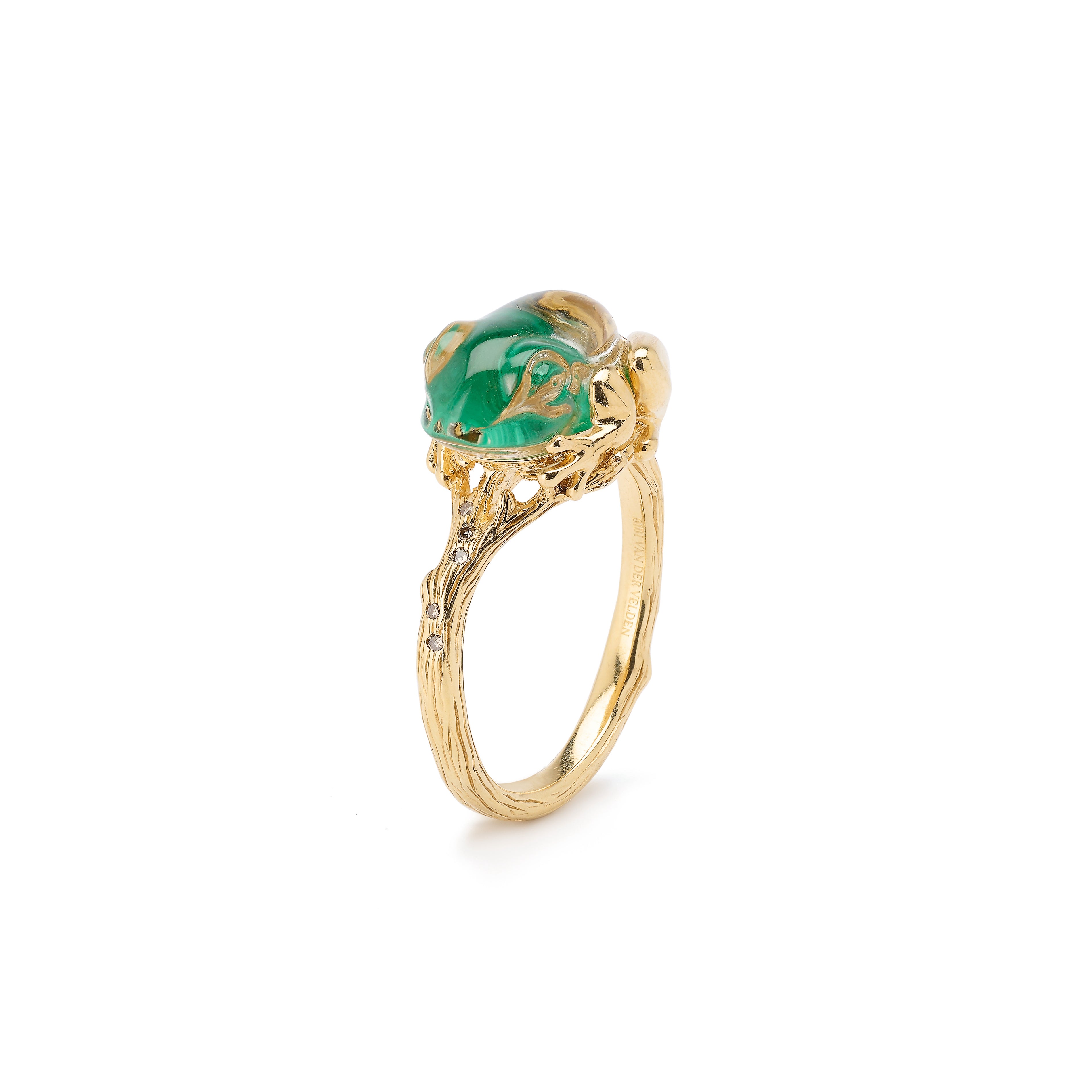 18k yellow gold carved quartz and green malachite frog ring by Bibi van der Velden Tiny Gods