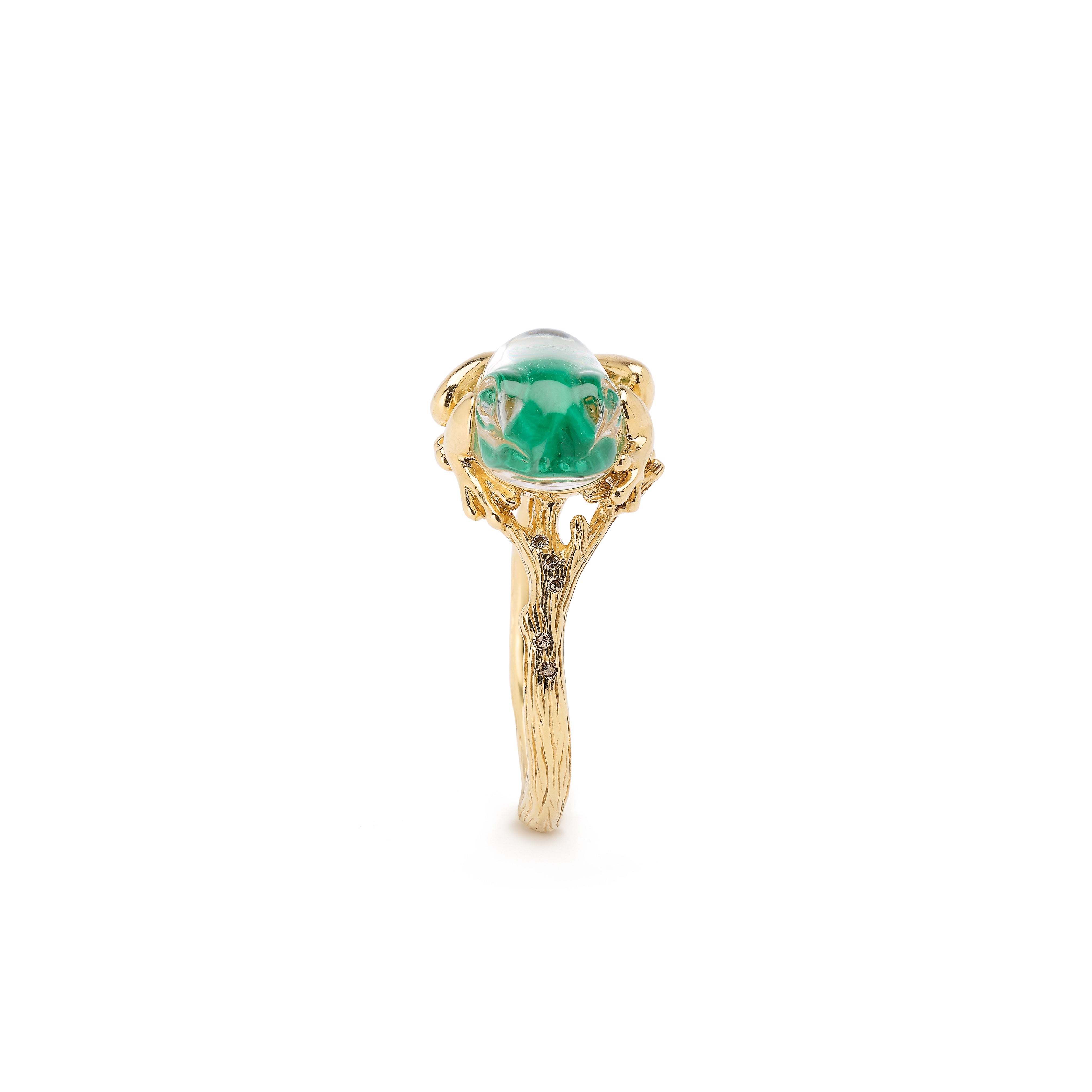 18k yellow gold carved quartz and green malachite frog ring by Bibi van der Velden Tiny Gods