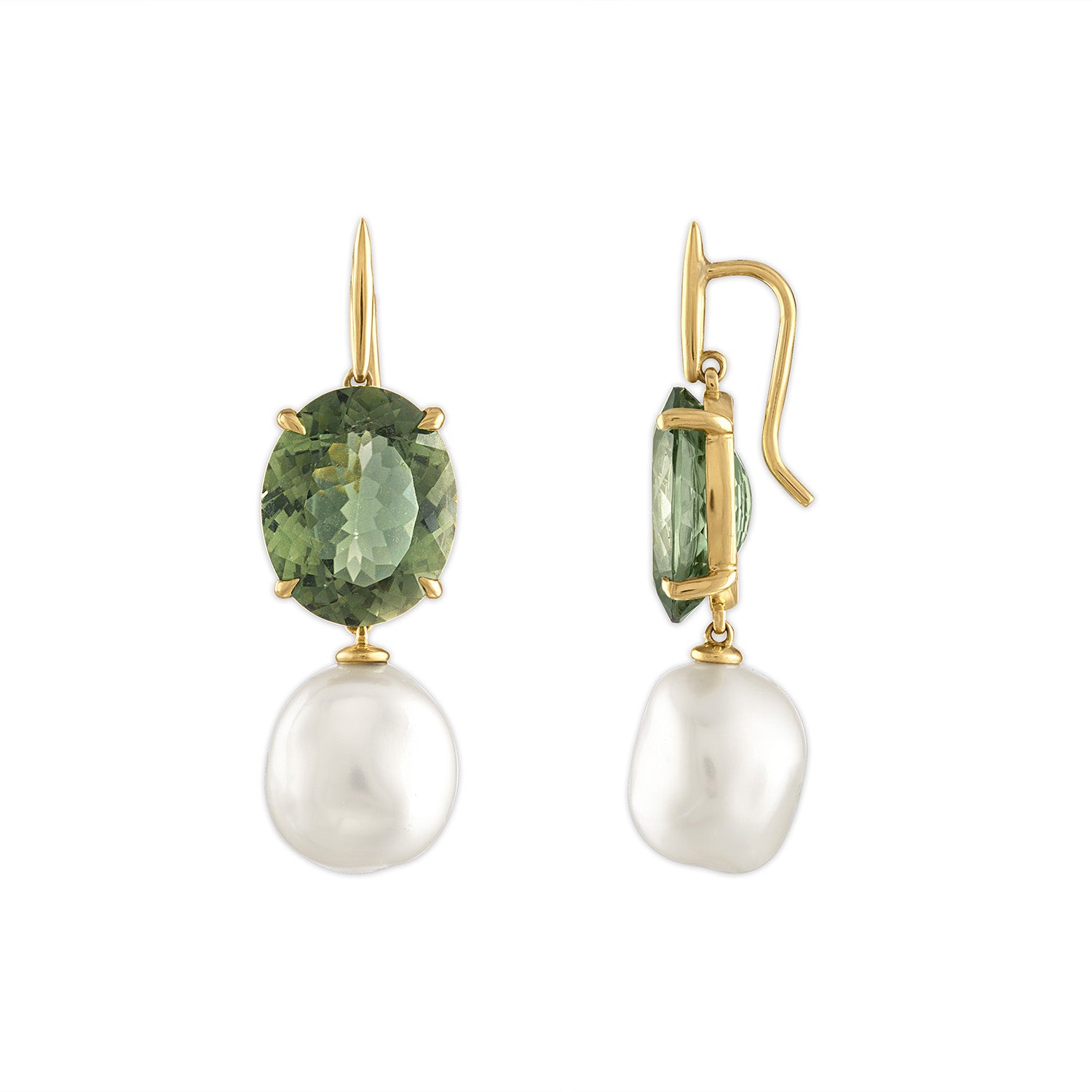 18k yellow gold green tourmaline and fresh water baroque pearl drop liv earrings by Jade Trau Tiny Gods
