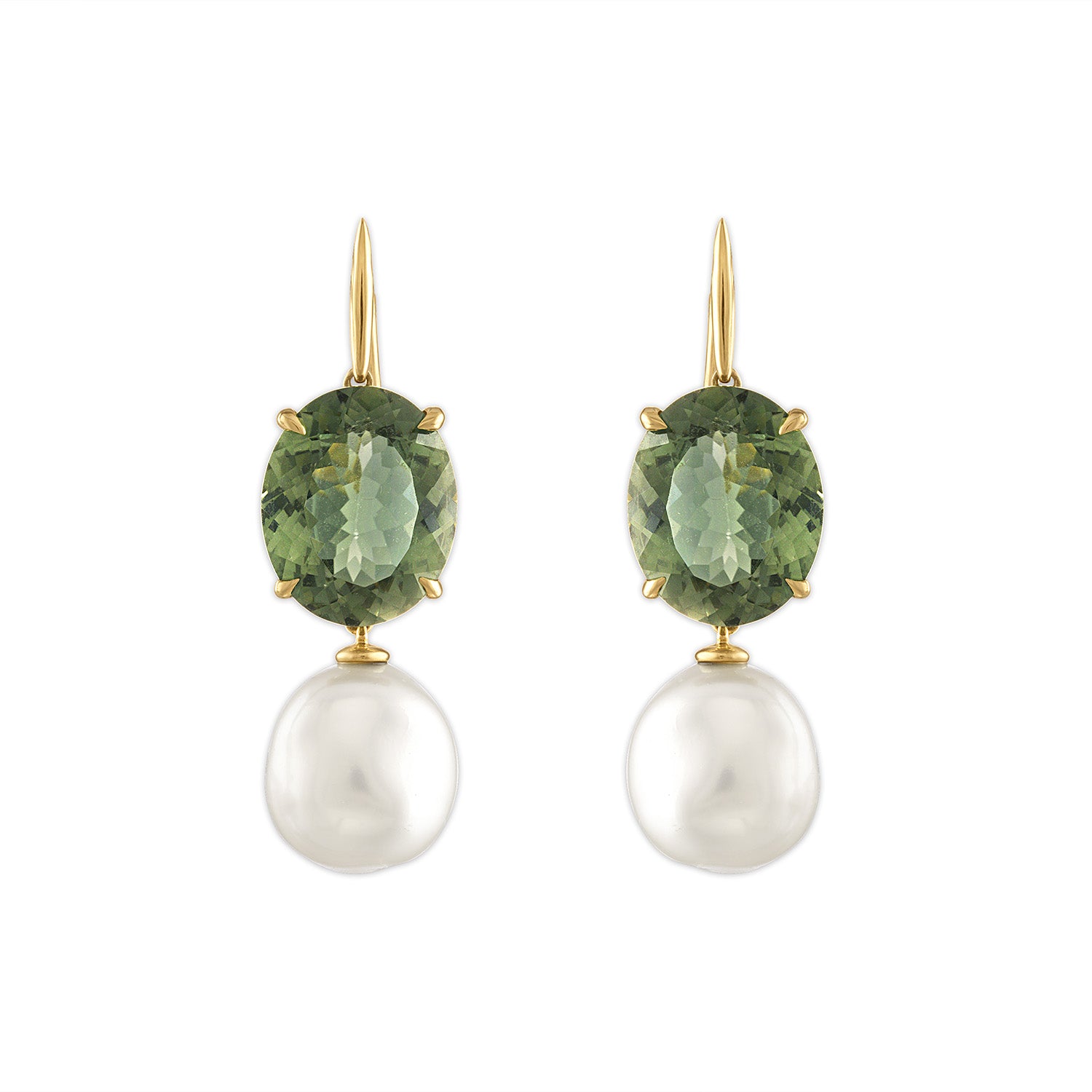 18k yellow gold green tourmaline and fresh water baroque pearl drop liv earrings by Jade Trau Tiny Gods