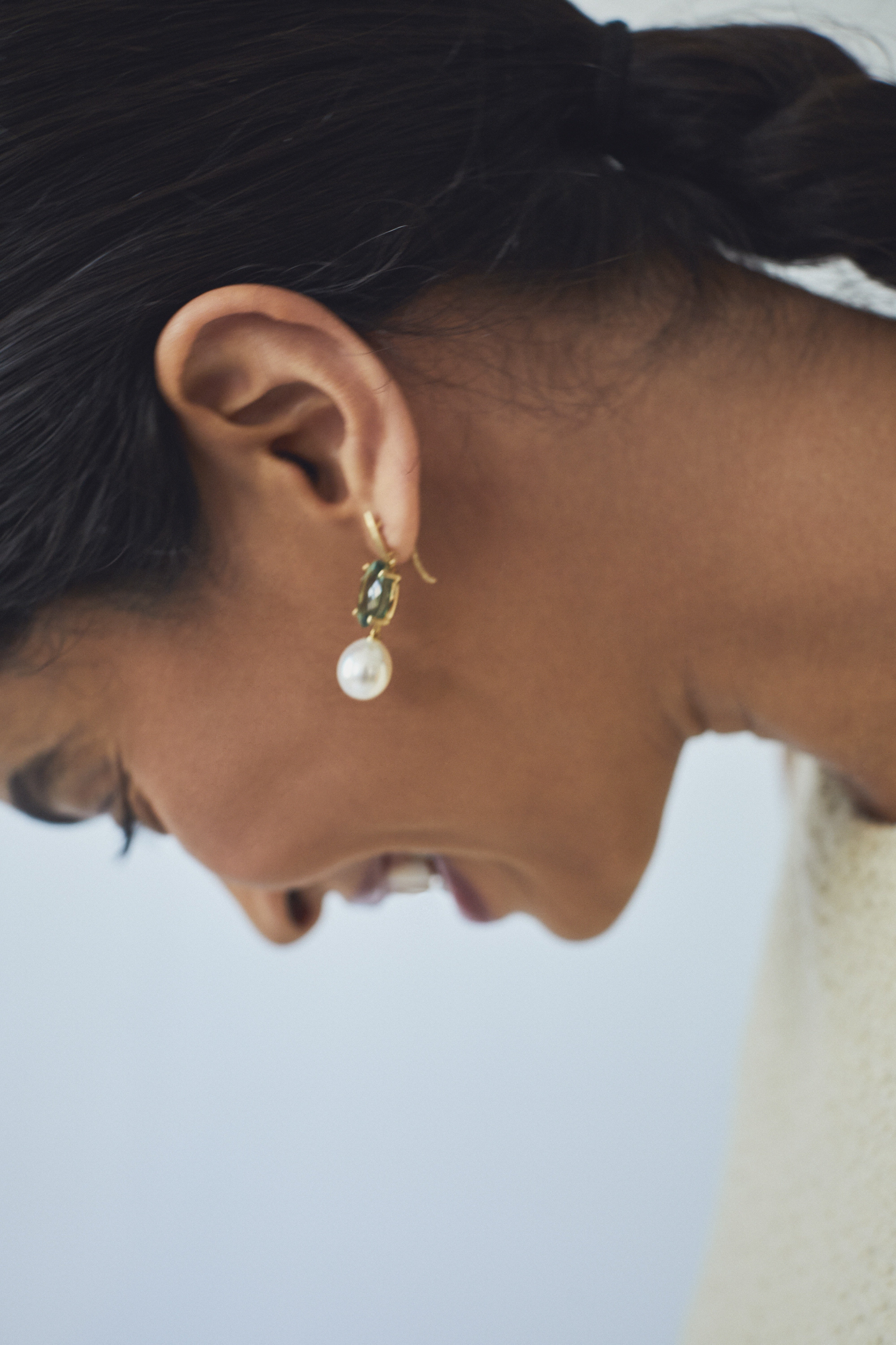 18k yellow gold green tourmaline and fresh water baroque pearl drop liv earrings by Jade Trau Tiny Gods