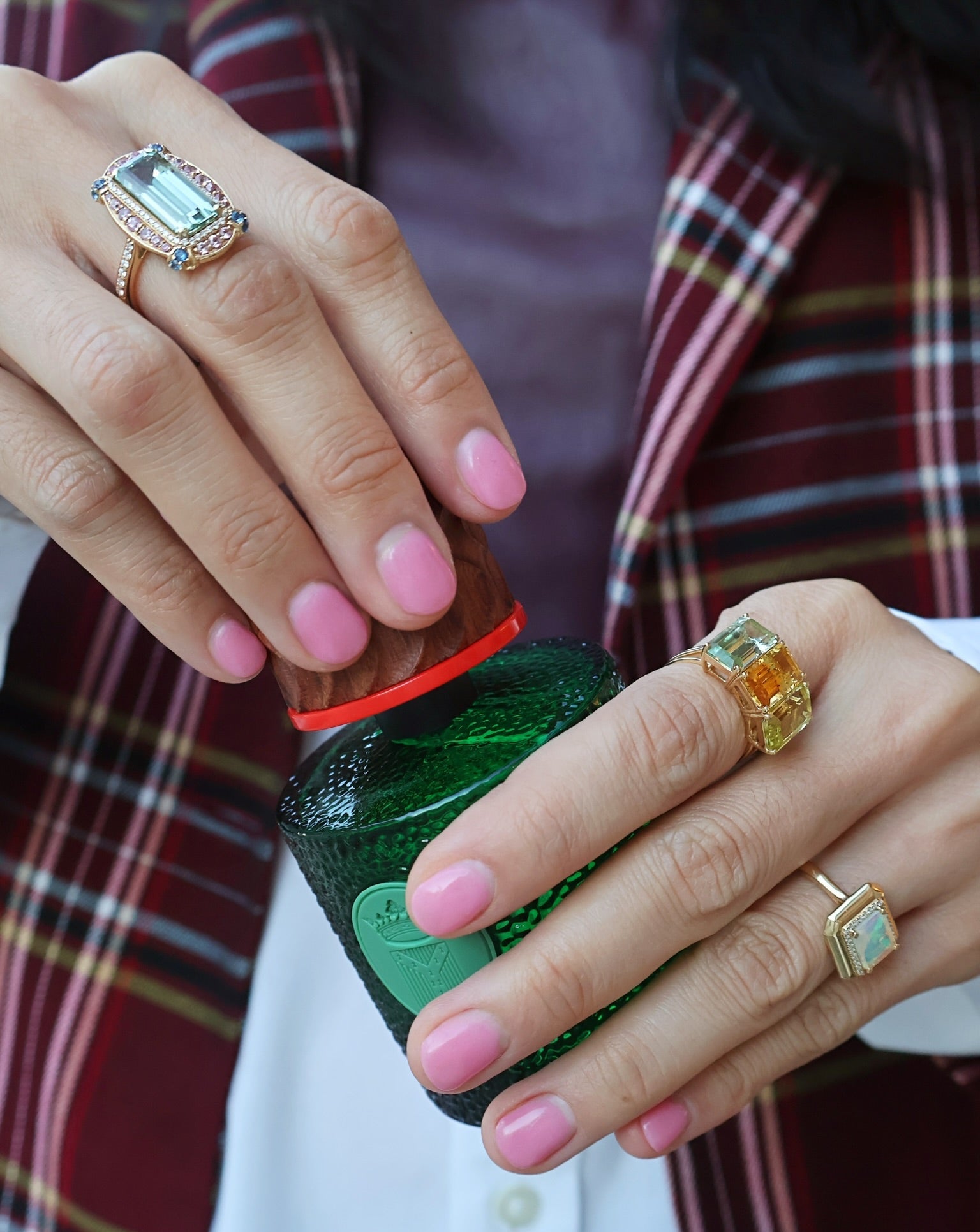 18k yellow gold emerald cut green tourmaline diamond ring with pink and blue sapphire border statement cocktail ring by Goshwara Tiny Gods