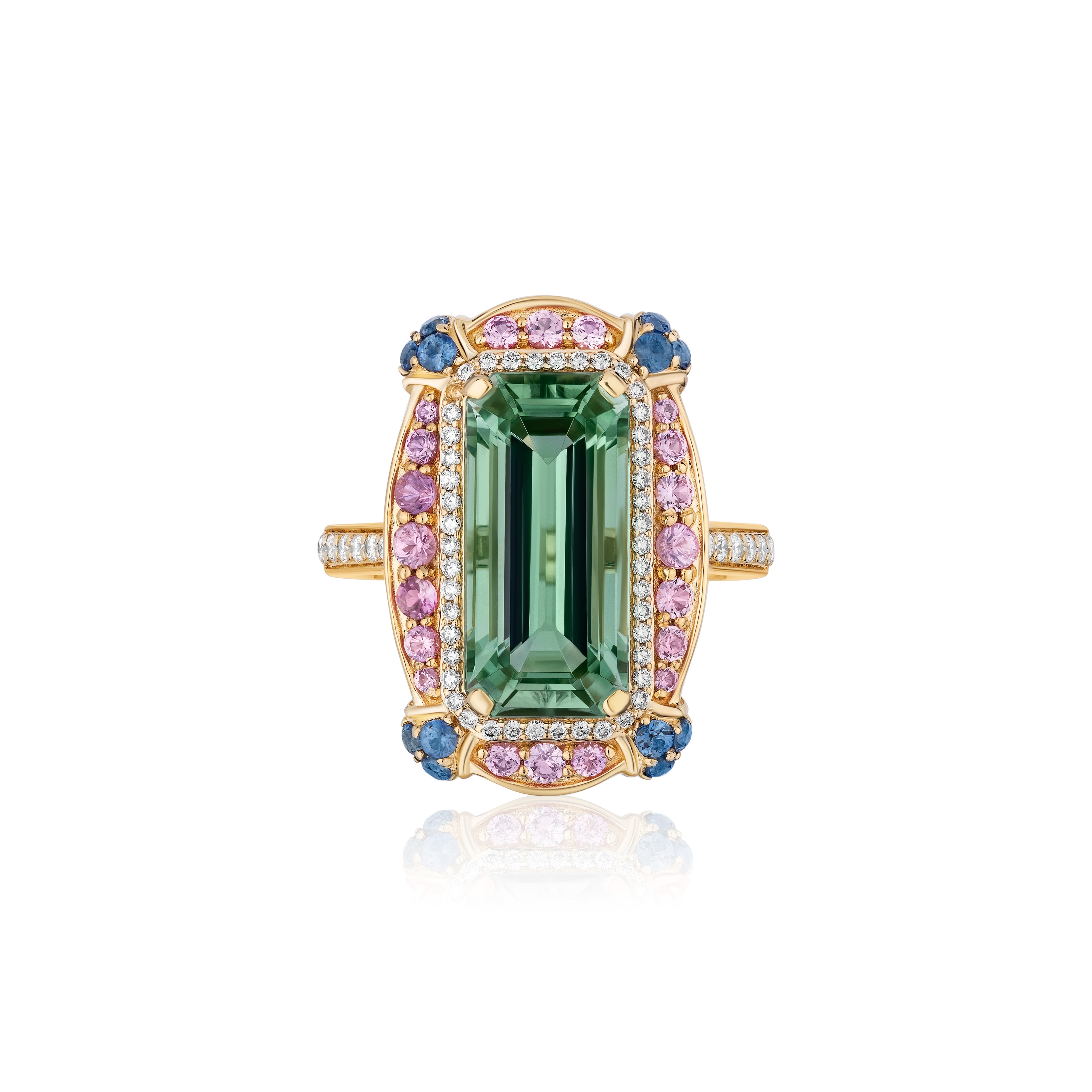 18k yellow gold emerald cut green tourmaline diamond ring with pink and blue sapphire border statement cocktail ring by Goshwara Tiny Gods