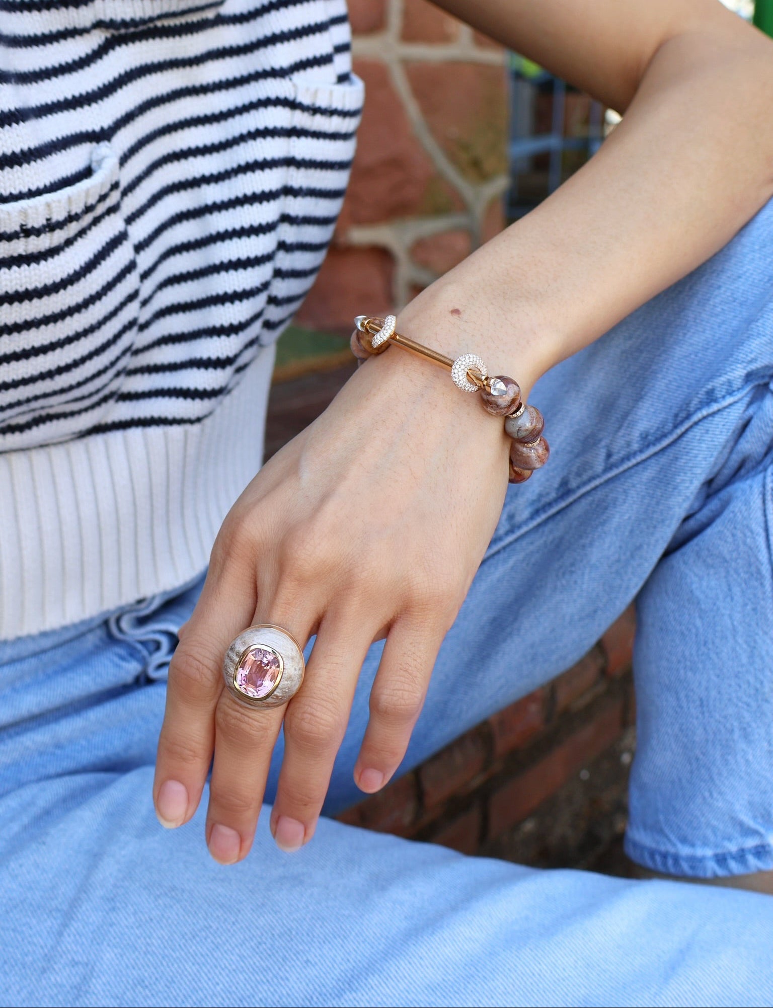 14k yellow gold hand carved petrified wood classic lollipop ring with cushion cut pink tourmaline by Retrouvai Tiny Gods