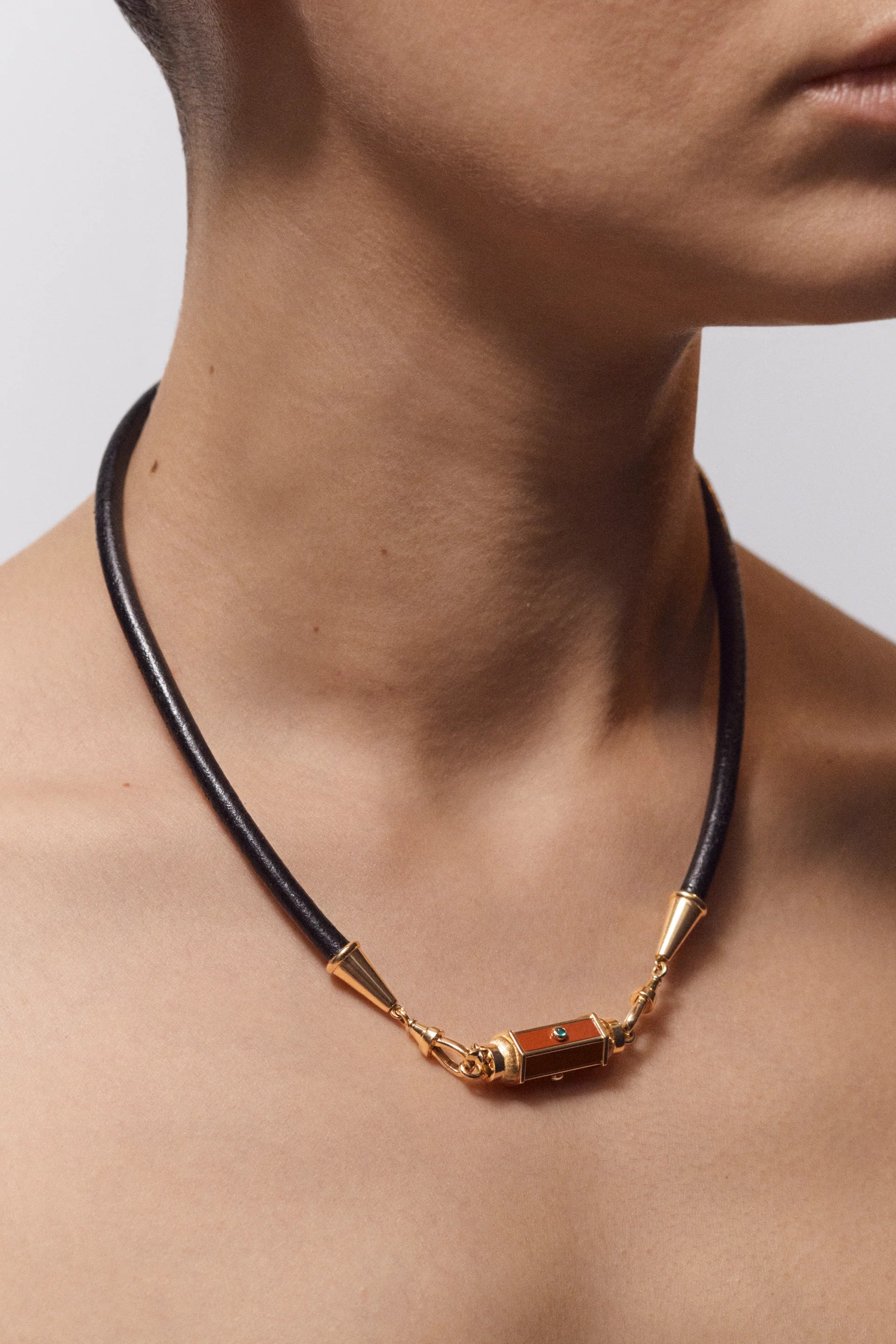 18k yellow gold 37cm or 42cm black leather lasso cord necklace by Marie Lichtenberg Tiny Gods