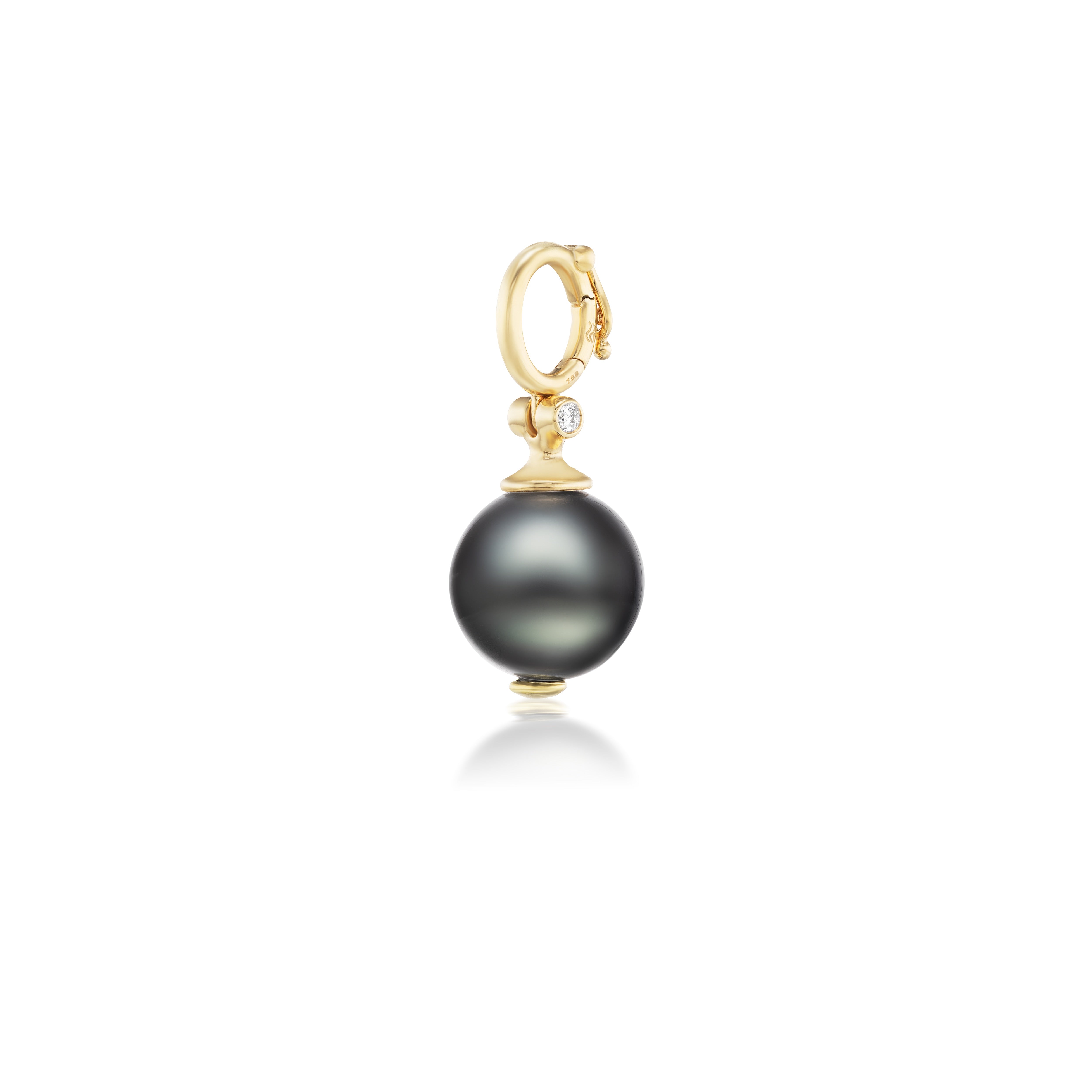 18k hello gold Italian Tahitian 12mm grey pearl with diamond clip on bail pendant charm by beck Tiny Gods