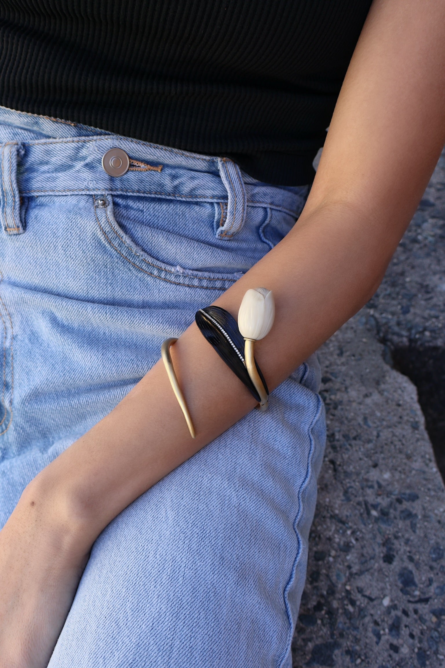 18k yellow gold tagua jarina seed tulip bud flower with abony wood carved leaf with diamonds vine wrap bracelet by Silvia Furmanovich Tiny Gods