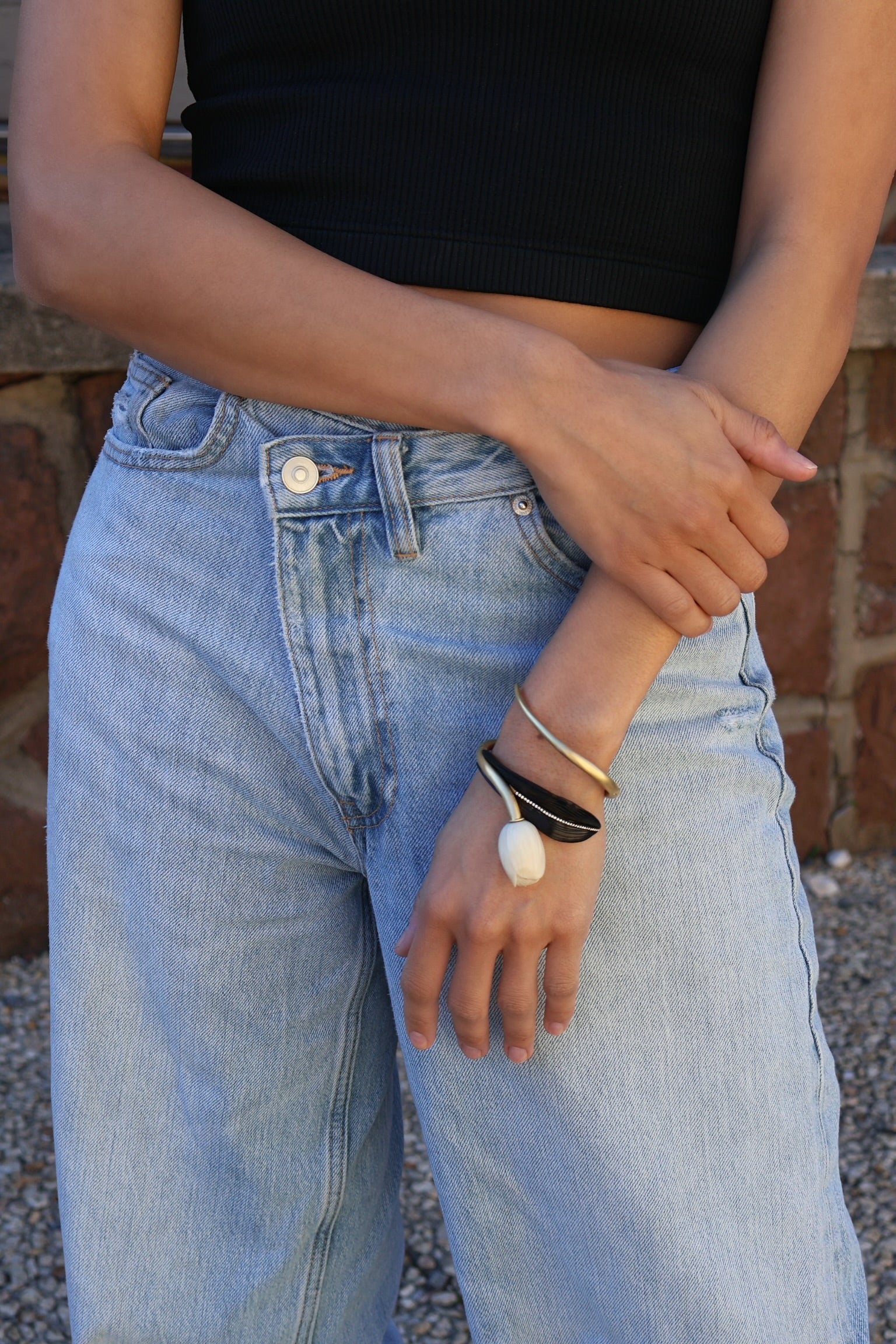 18k yellow gold tagua jarina seed tulip bud flower with abony wood carved leaf with diamonds vine wrap bracelet by Silvia Furmanovich Tiny Gods