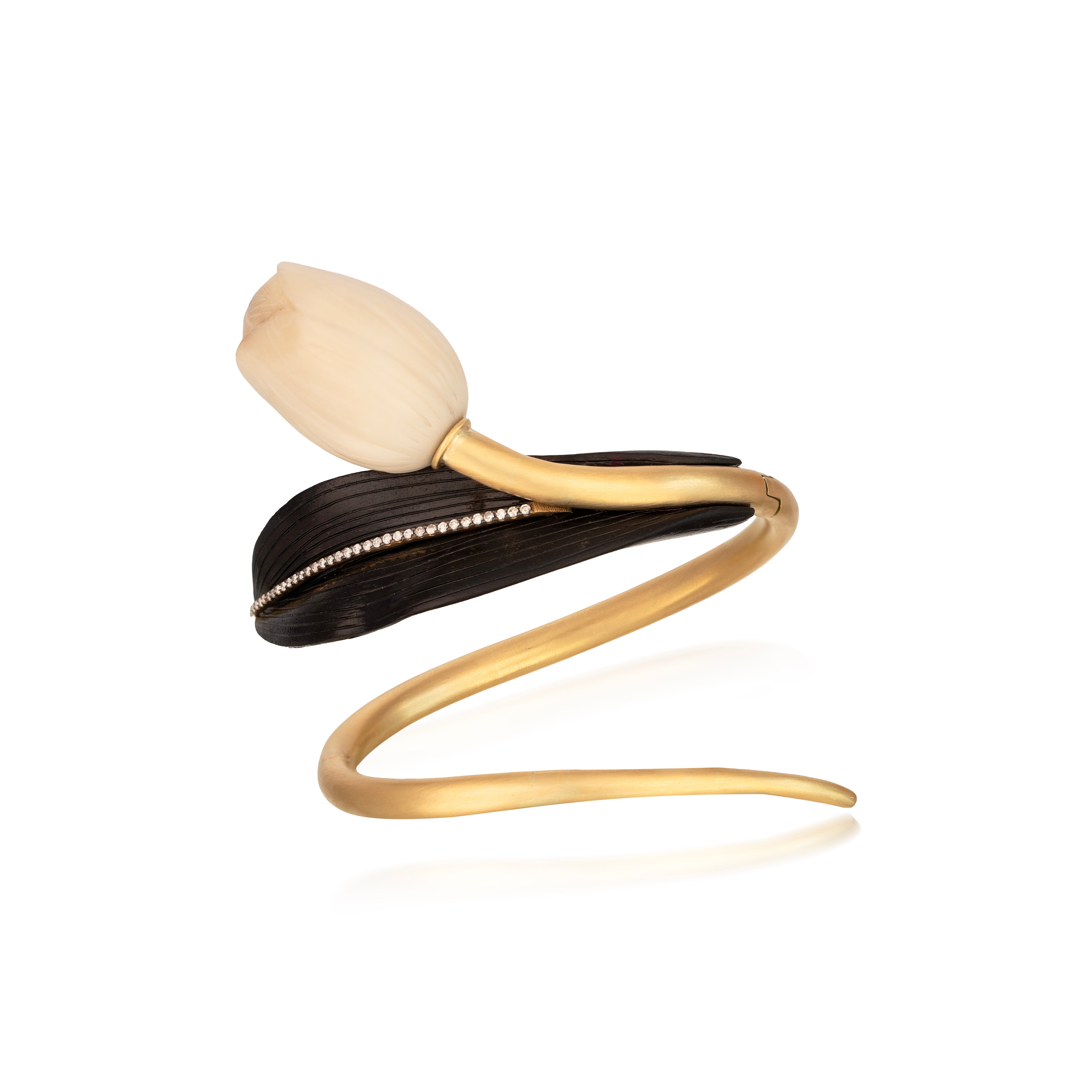 18k yellow gold tagua jarina seed tulip bud flower with abony wood carved leaf with diamonds vine wrap bracelet by Silvia Furmanovich Tiny Gods
