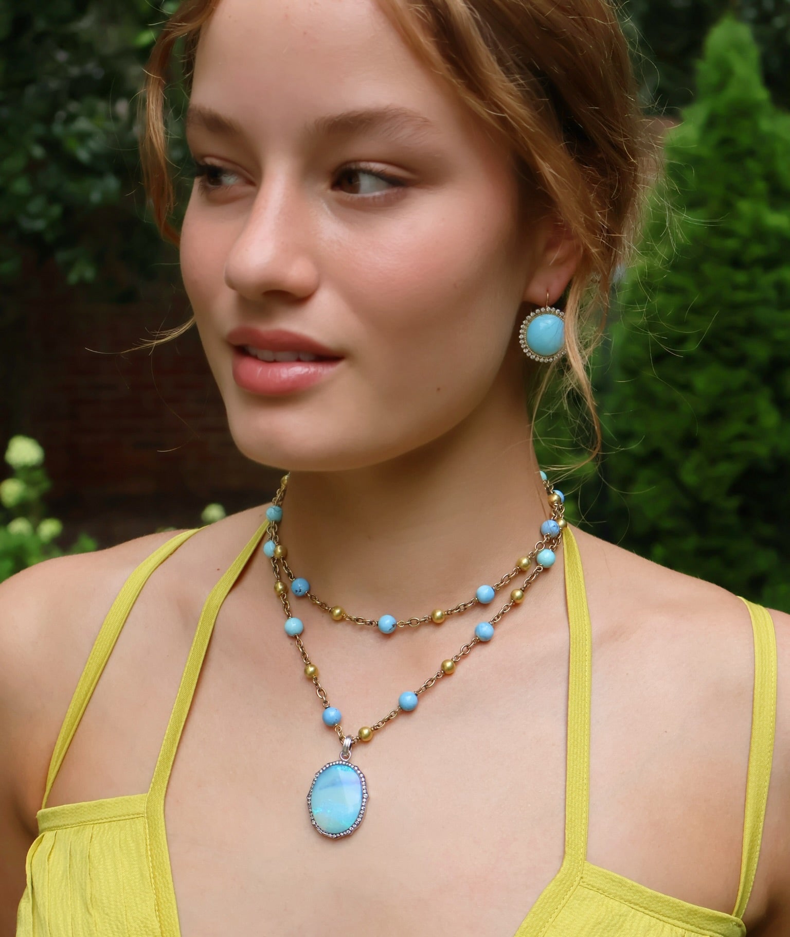 18k yellow gold round khazakhastan turquoise cabochon diamond pave border earring by Sylva & Cie tiny gods
