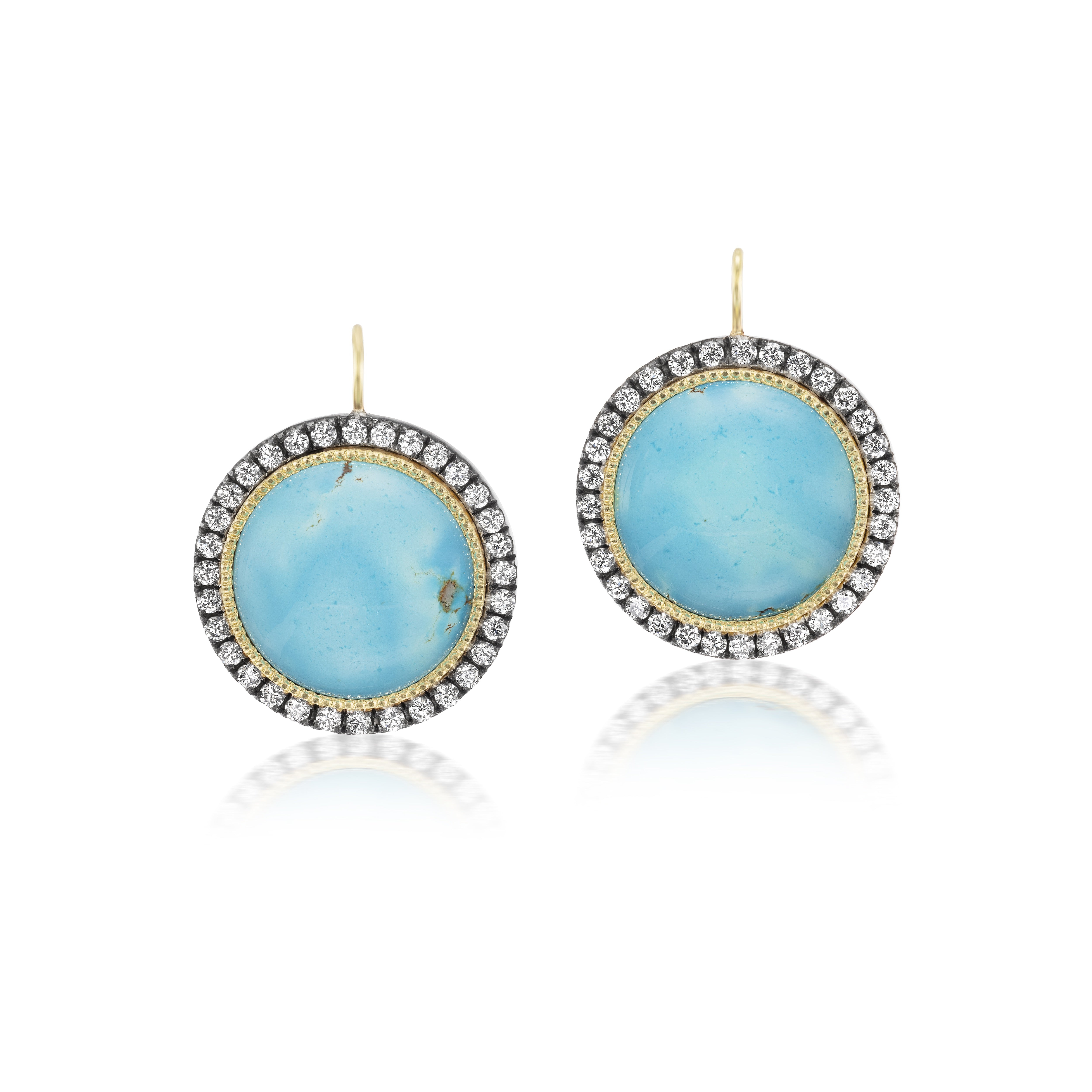 18k yellow gold round Kazakhstan turquoise diamond border earrings with French wire by Sylva & Cie Tiny Gods