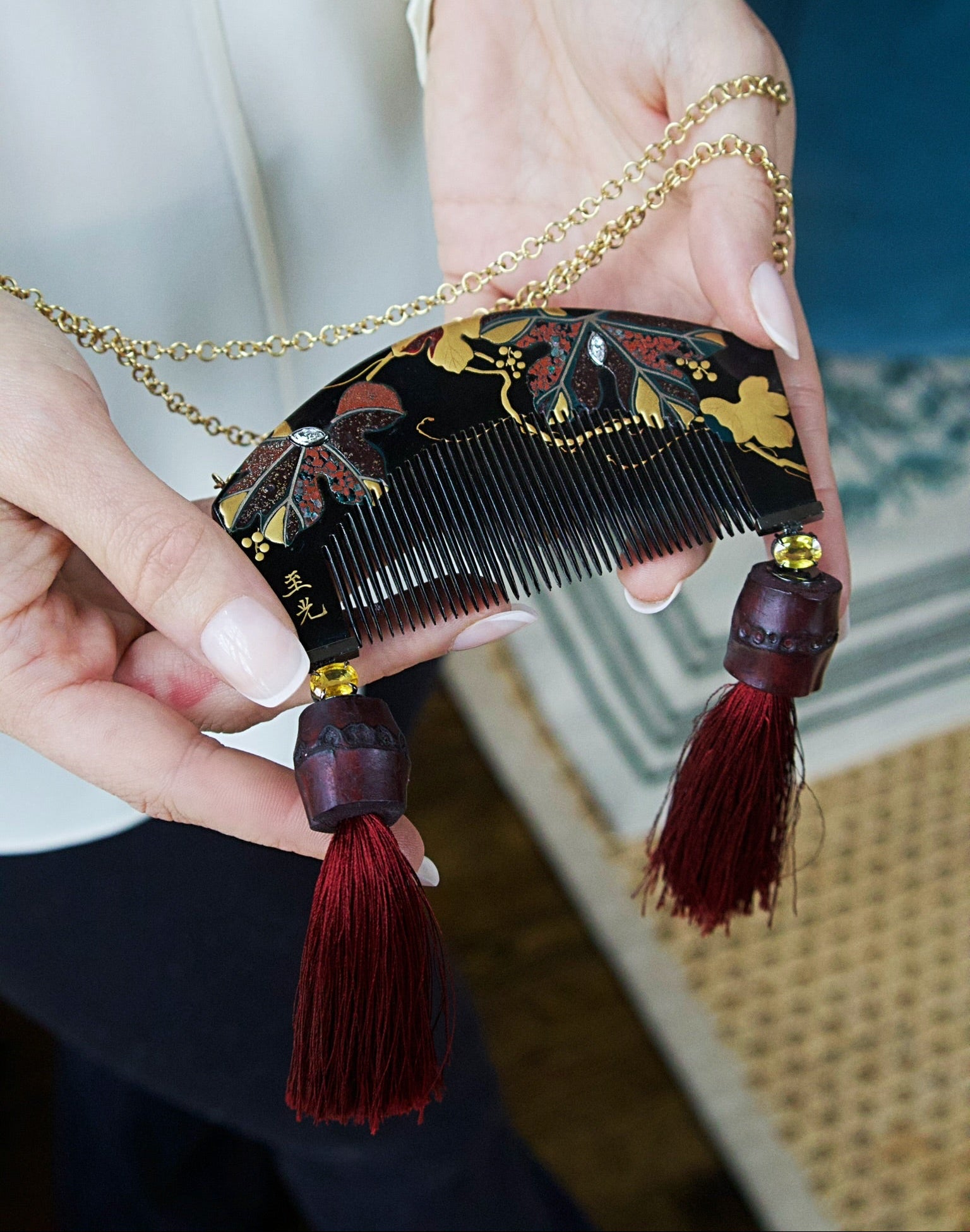 18k yellow gold lacquered comb pendant with yellow sapphires marquis diamonds and silk red tassel necklace by Silvia Furmanovich Tiny Gods