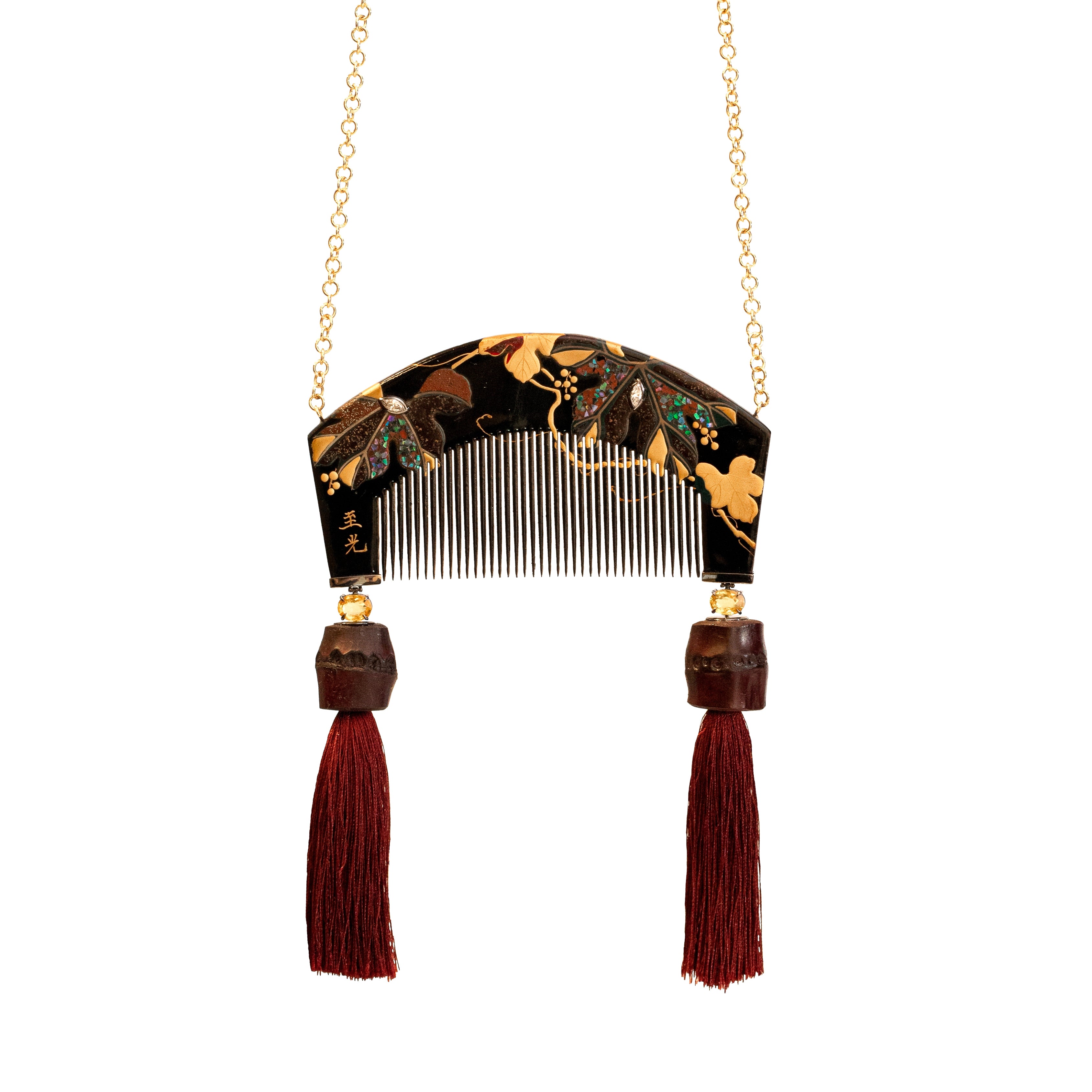 18k yellow gold lacquered comb pendant with yellow sapphires marquis diamonds and silk red tassel necklace by Silvia Furmanovich Tiny Gods