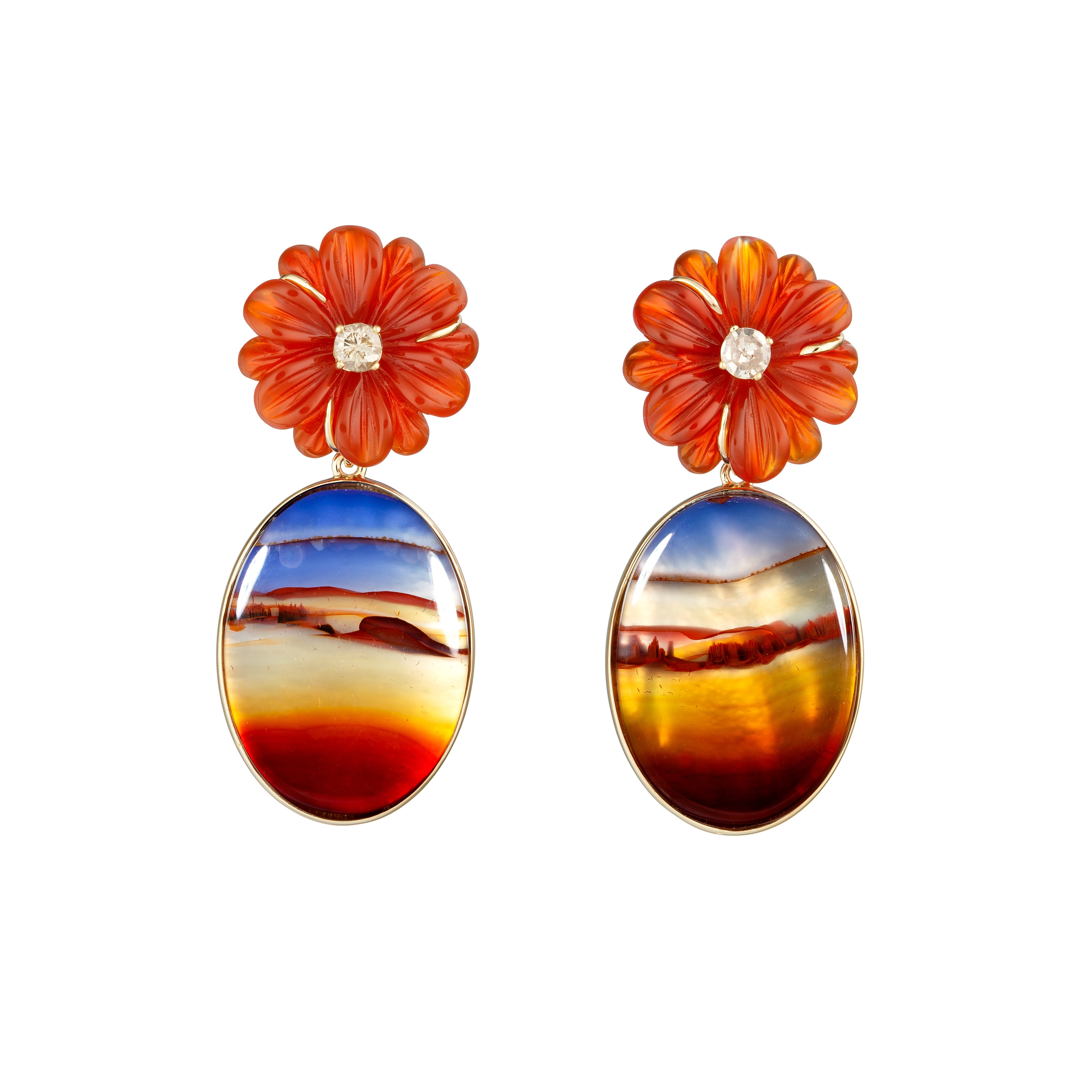 18k yellow gold landscape agate and carved flower orange agate with diamond drop dangle earrings by Guita M Tiny Gods