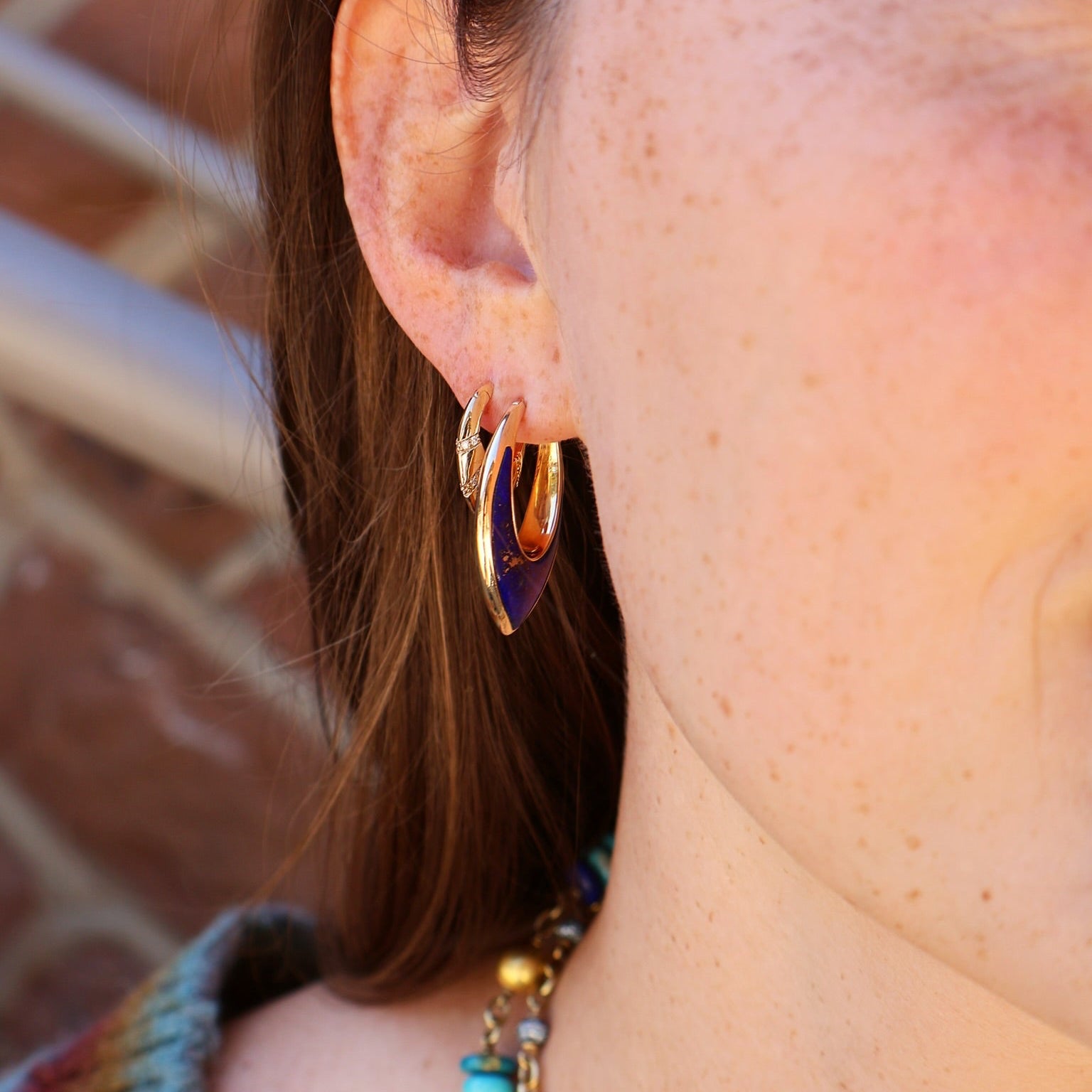 18k yellow gold lapis inlay stardust earrings guitar pick by Sorellina Tiny Gods