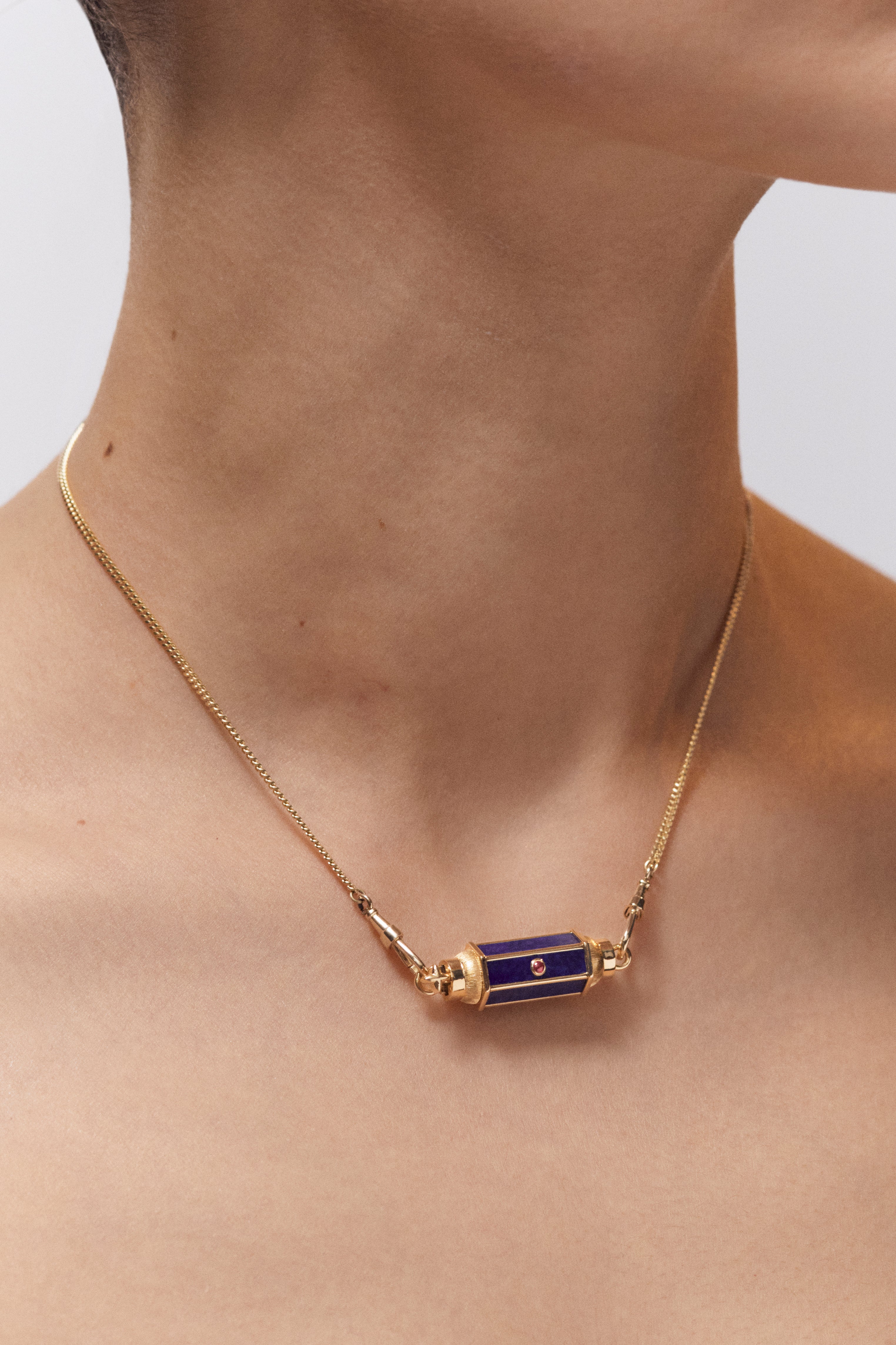 18k yellow gold lapis and ruby baby locket pendant necklace by Marie Lichtenberg Tiny Gods