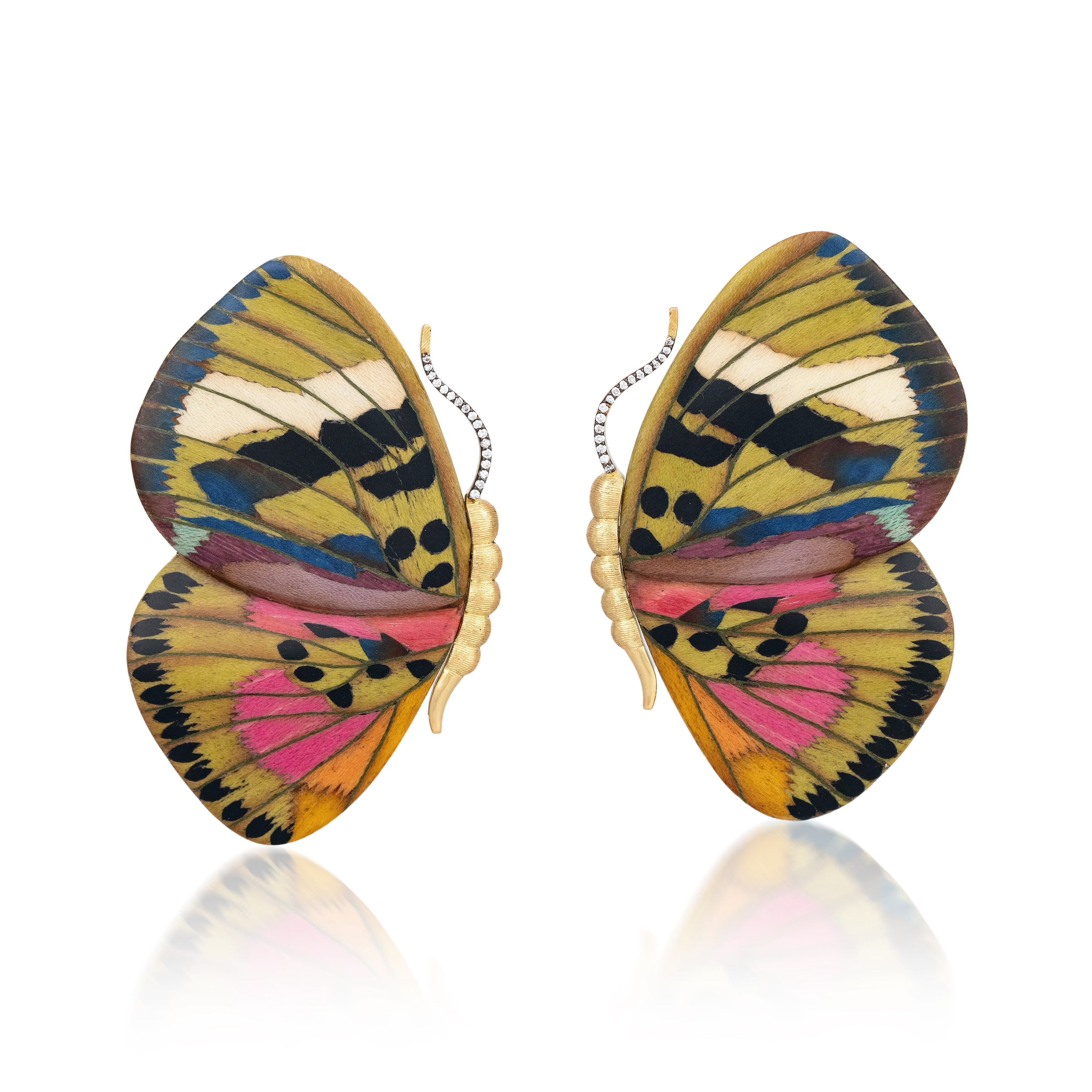 18k yellow gold green and pink butterfly wing marquetry earrings large by Silvia Furmanovich wood Tiny Gods