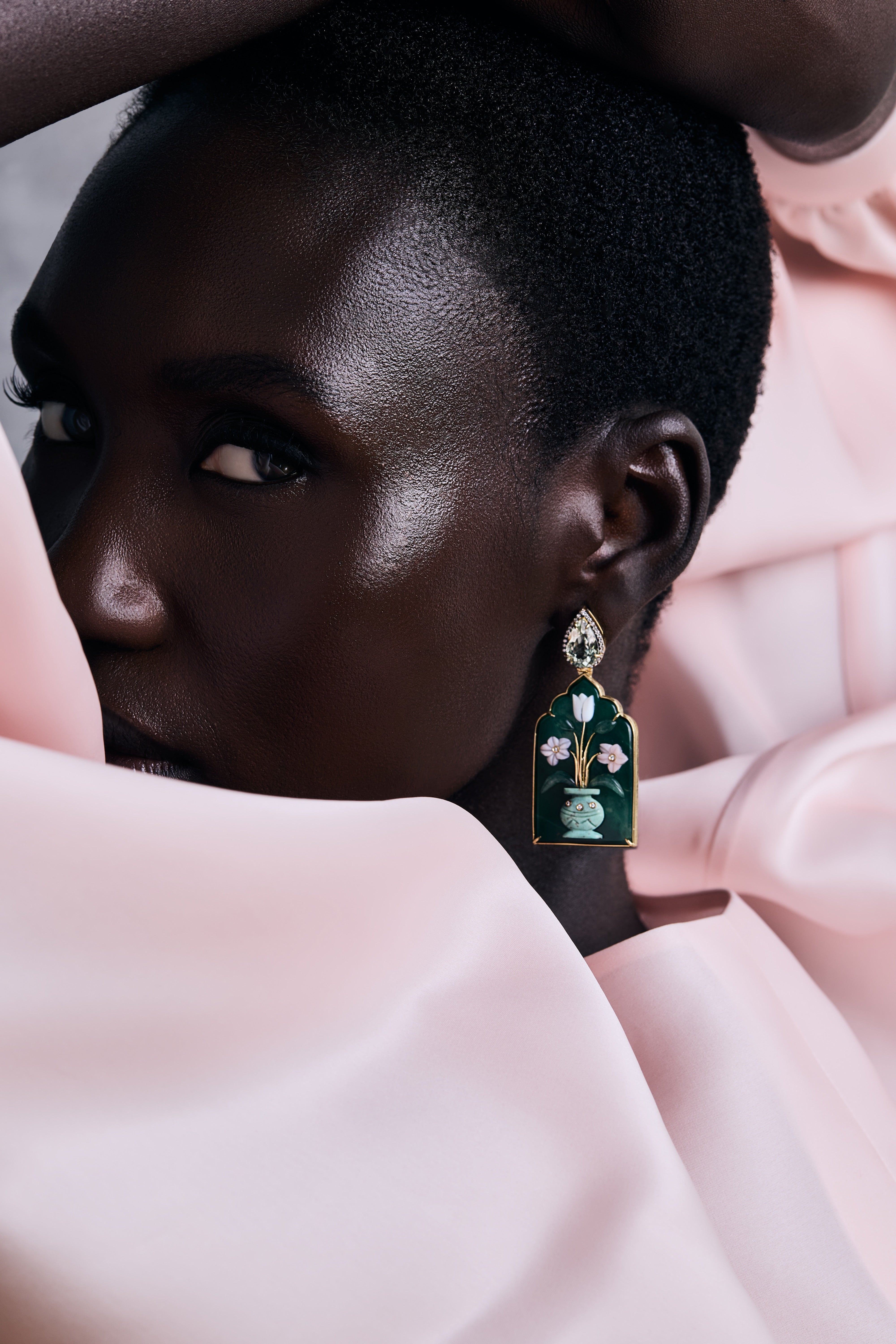 18k yellow gold green window Fram earrings with diamonds pear cut prasiolite, malachite chrysocolla flower vase with carved mother of pearl and pink opal flower earrings by Silvia Furmanovich Tiny Gods