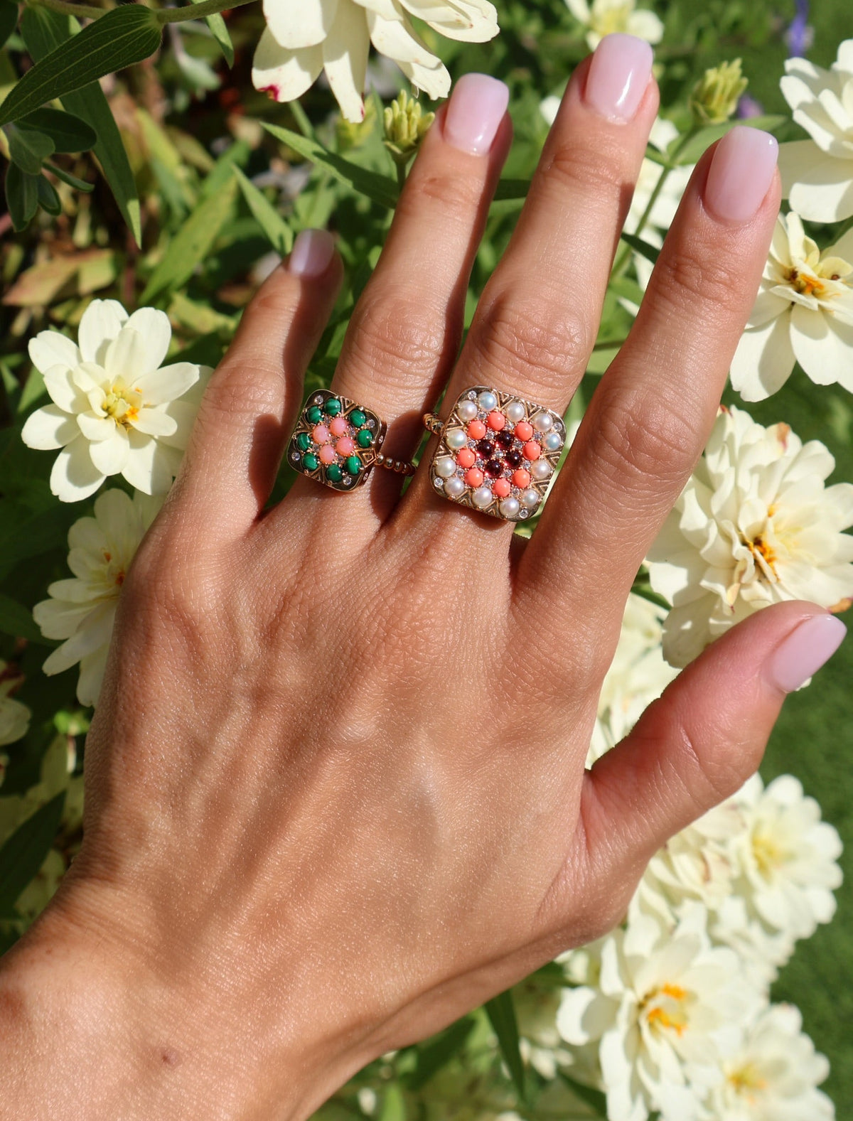 18k yellow gold cabochon malachite and pink opal and diamonds mini granny square rosemary square ring by Harwell Godfrey Tiny Gods