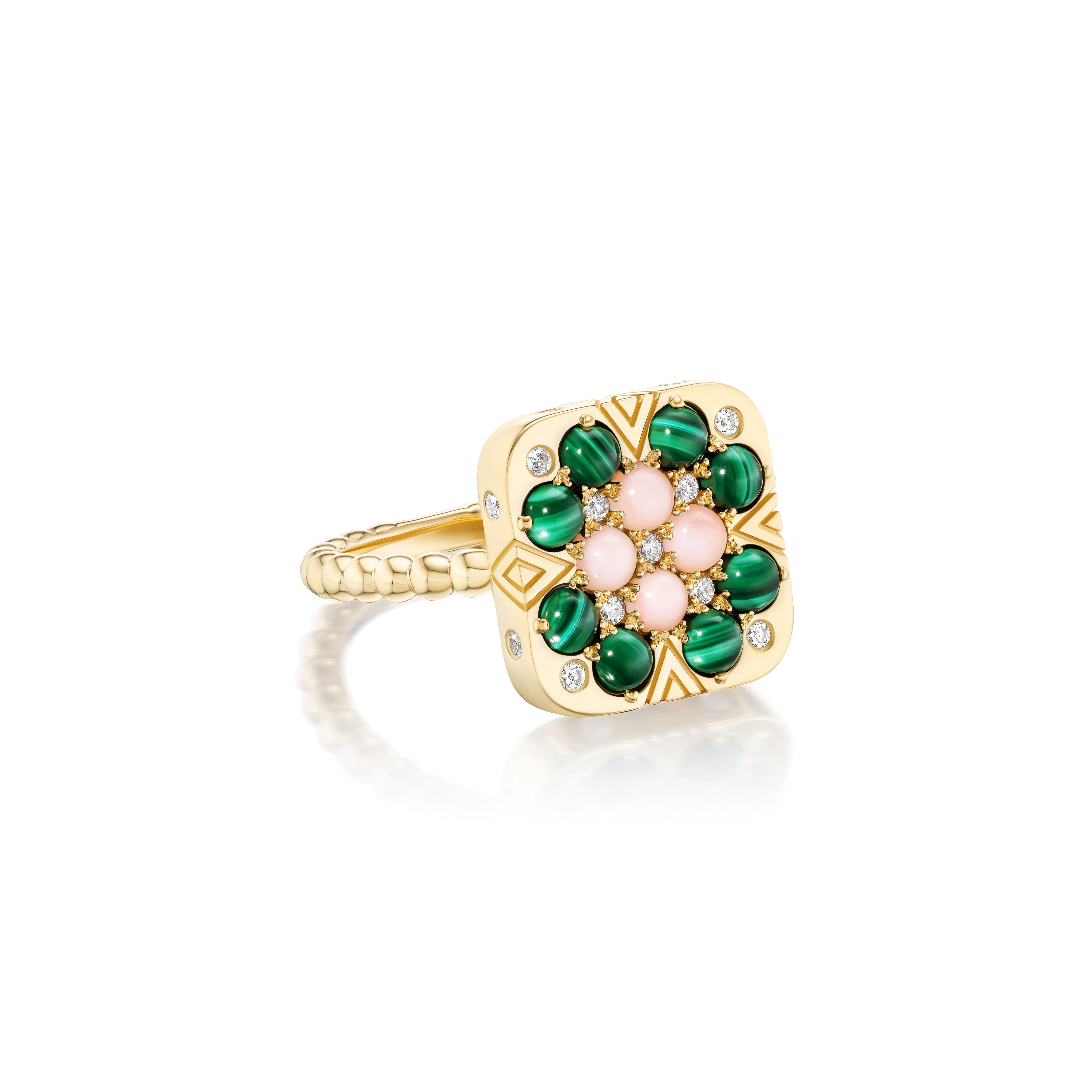18k yellow gold cabochon malachite and pink opal and diamonds mini granny square rosemary square ring by Harwell Godfrey Tiny Gods