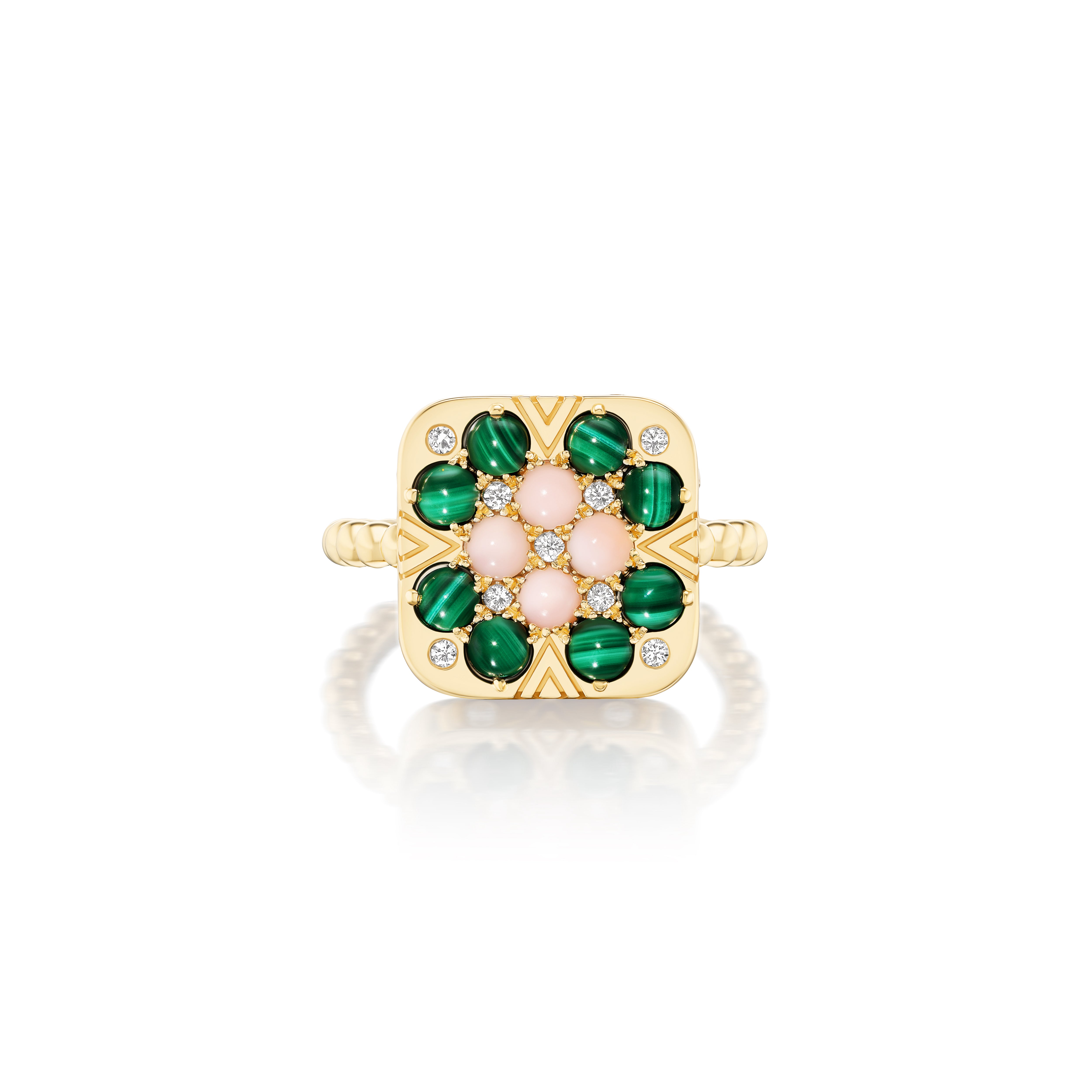 18k yellow gold cabochon malachite and pink opal and diamonds mini granny square rosemary square ring by Harwell Godfrey Tiny Gods