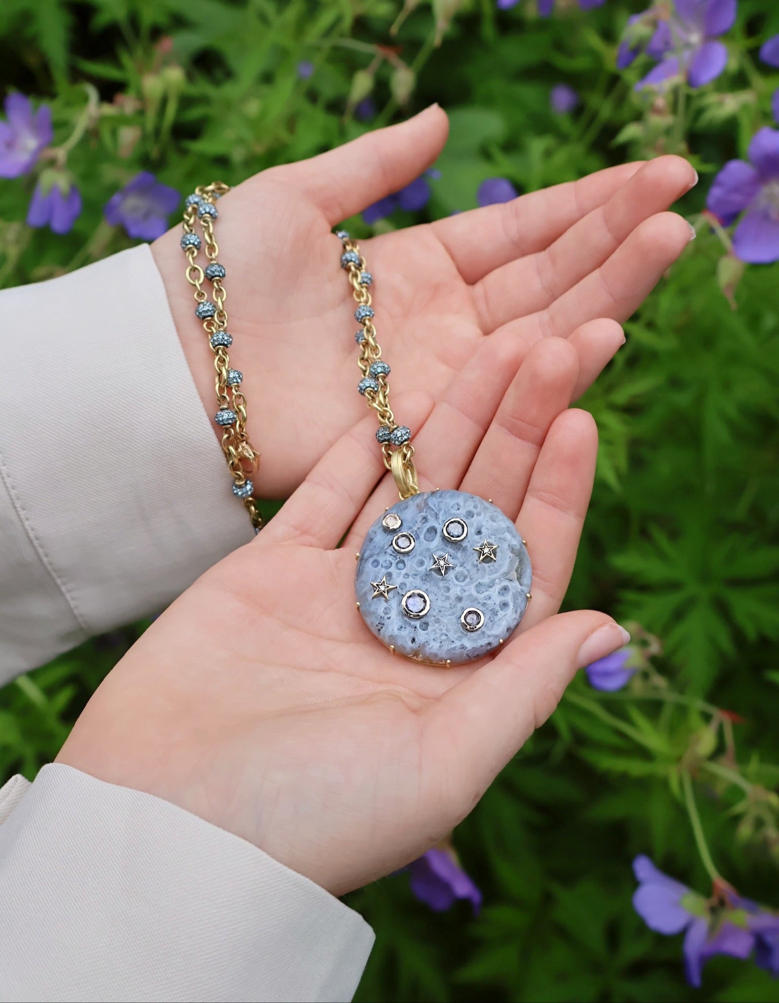 18k yellow gold mammoth moon craters stars pendant by Sylva & Cie Tiny Gods