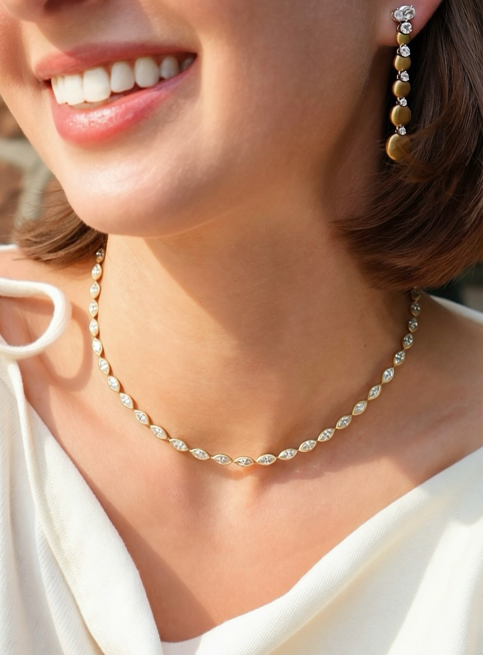 yellow gold marquis bezel riviere tennis eternity necklace choker tiny gods