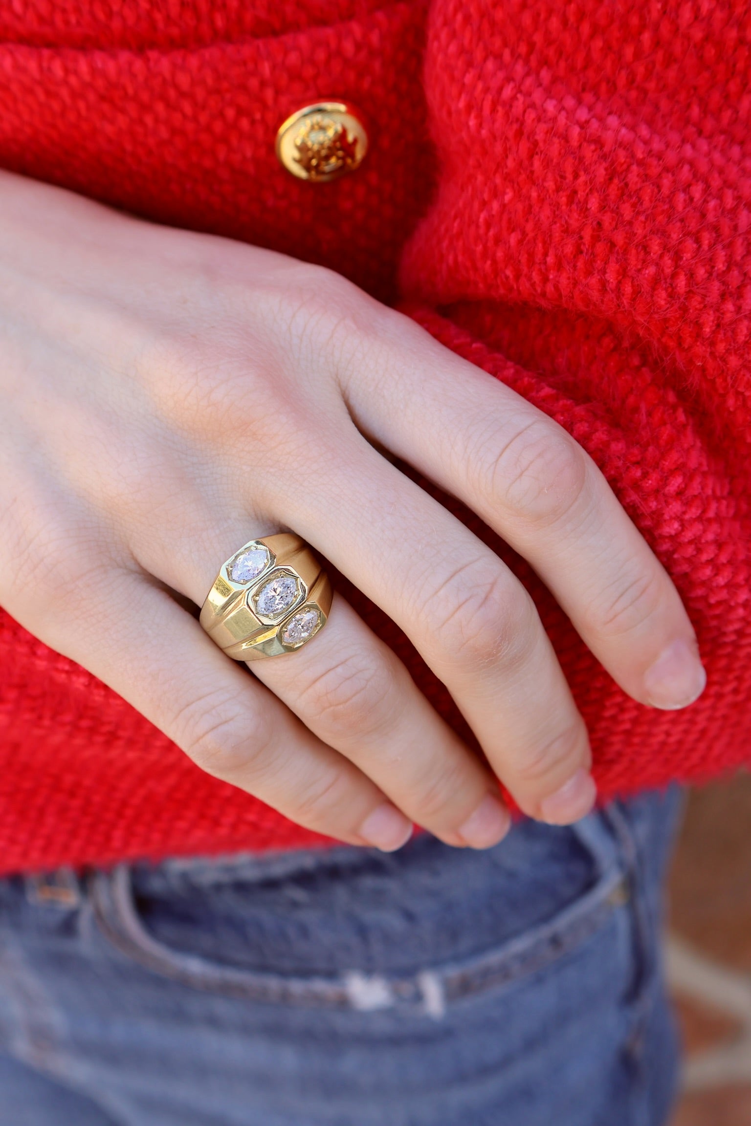 18k yellow gold marquis diamond deco triple domed ring by Jenna Blake Tiny Gods