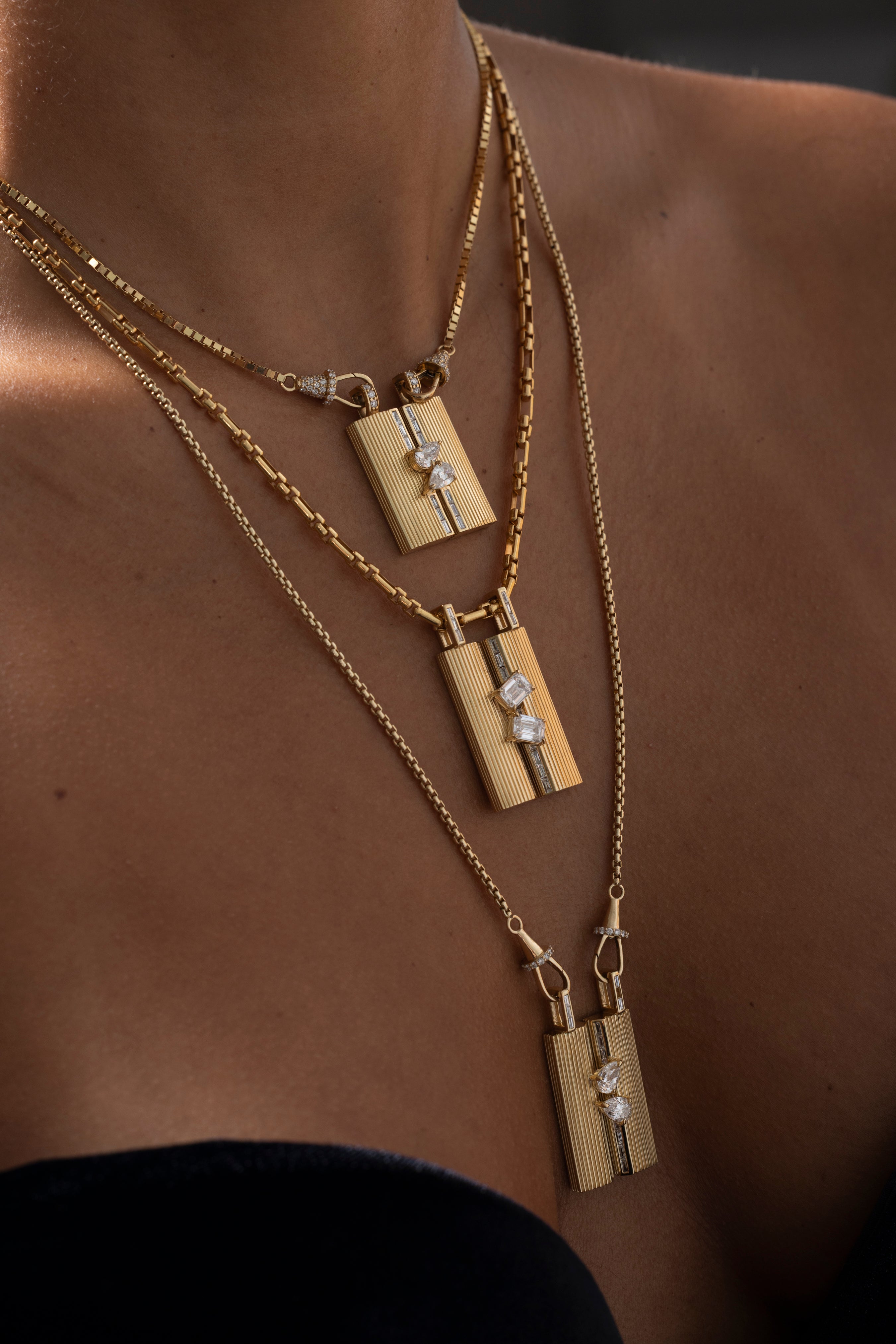 18k yellow gold baguette diamond marquis diamond blade pendant by Loraida Tiny Gods