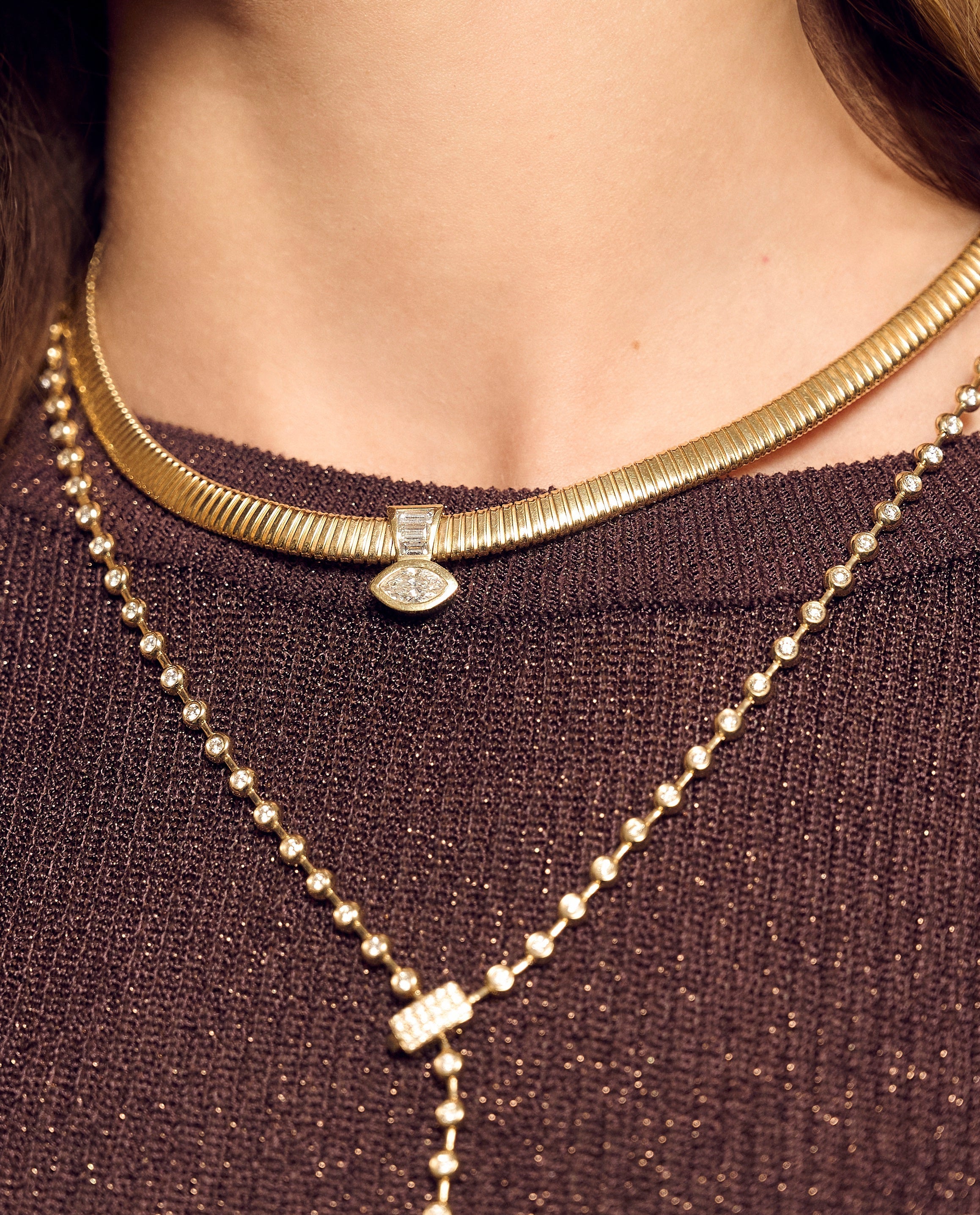 14k yellow gold marquise diamond drop tobogas style necklace by Loraida Tiny Gods