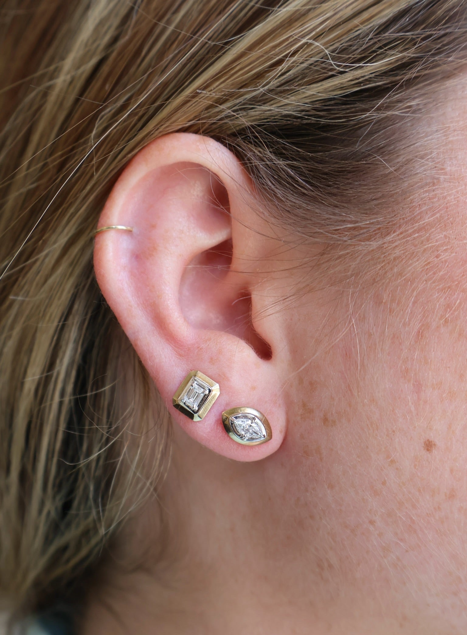 9k yellow gold white rhodium marquise diamond tribal stud earring Rainbow K Tiny Gods