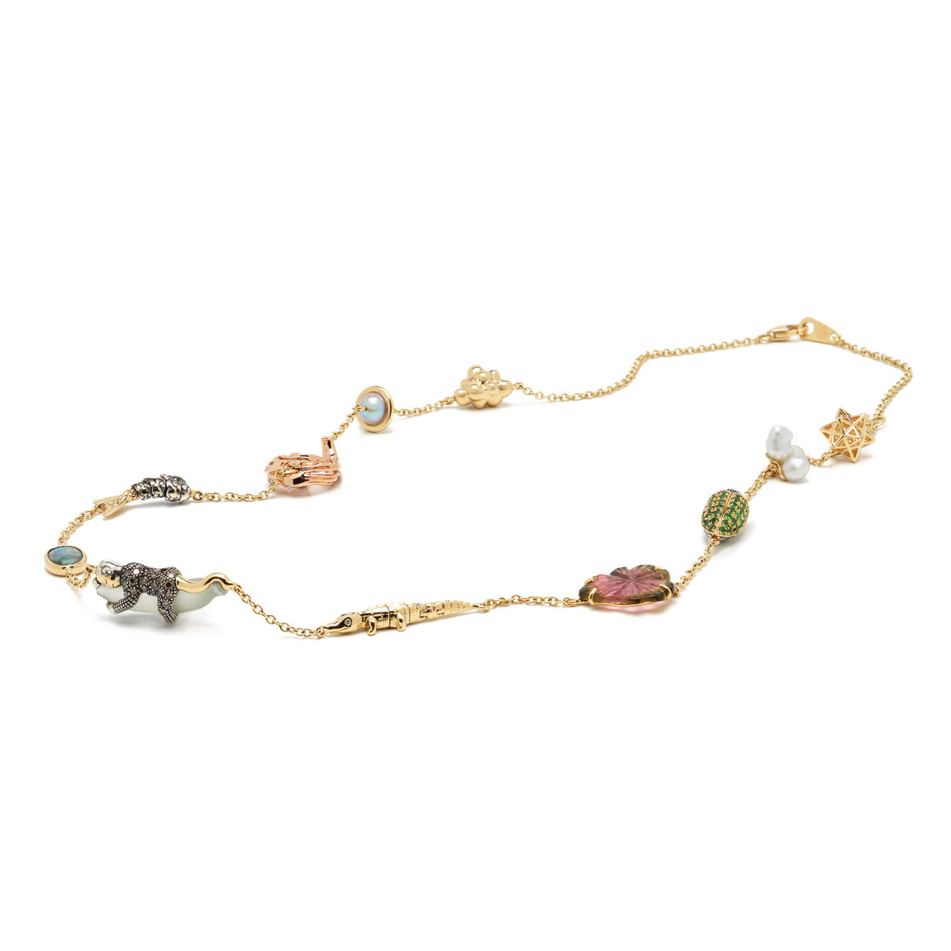 18k yellow gold trip down memory lane Bibi van der Velden necklace, mermaid tail, monkey on a banana, green scarab and alligator bite motif Tiny Gods