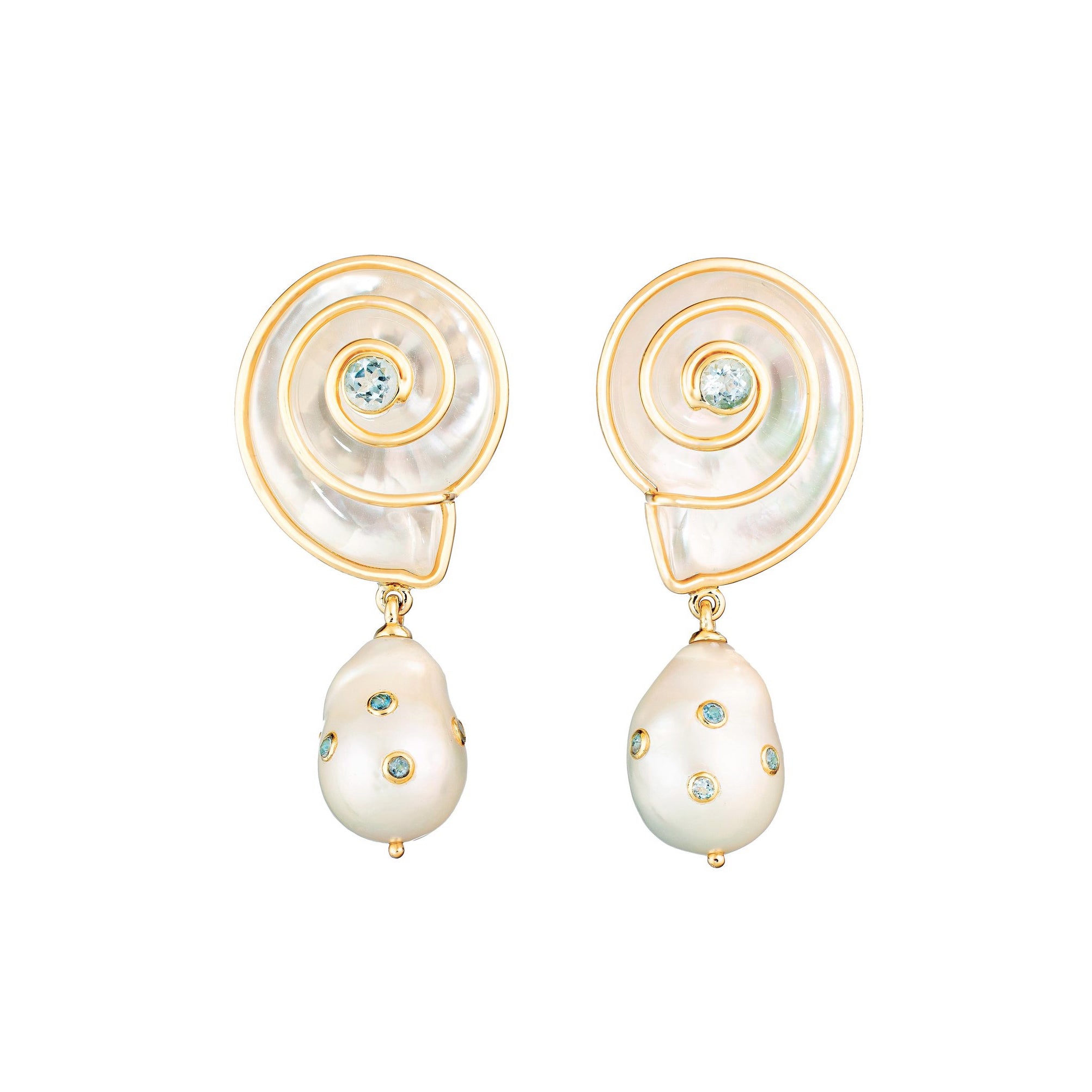 18k yellow gold mother of pearl shell with aquamarine earrings with white baroque pearl drops by Guita M tIny Gods
