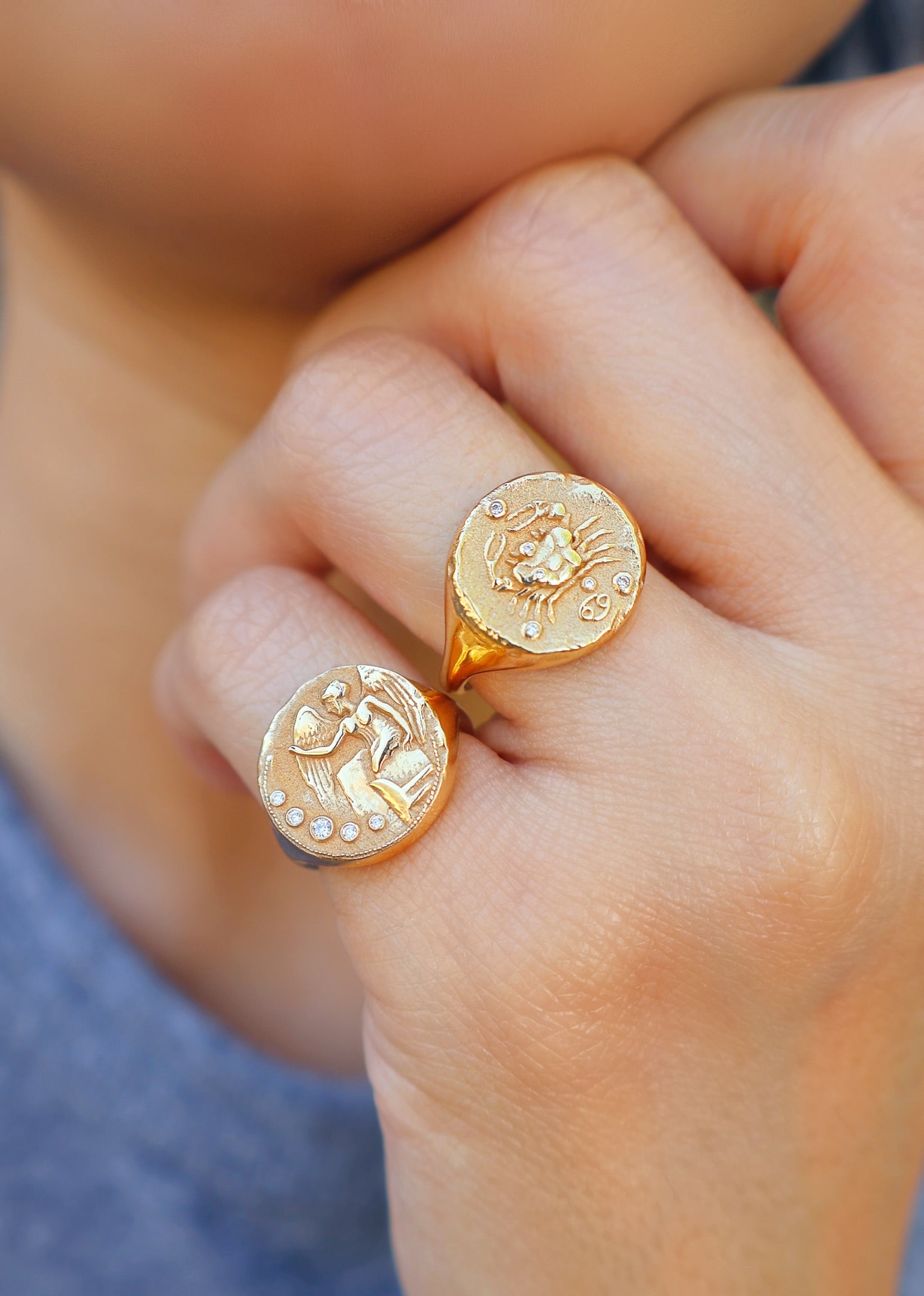 18k yellow gold nike goddess diamond signet ring by Azlee Tiny Gods