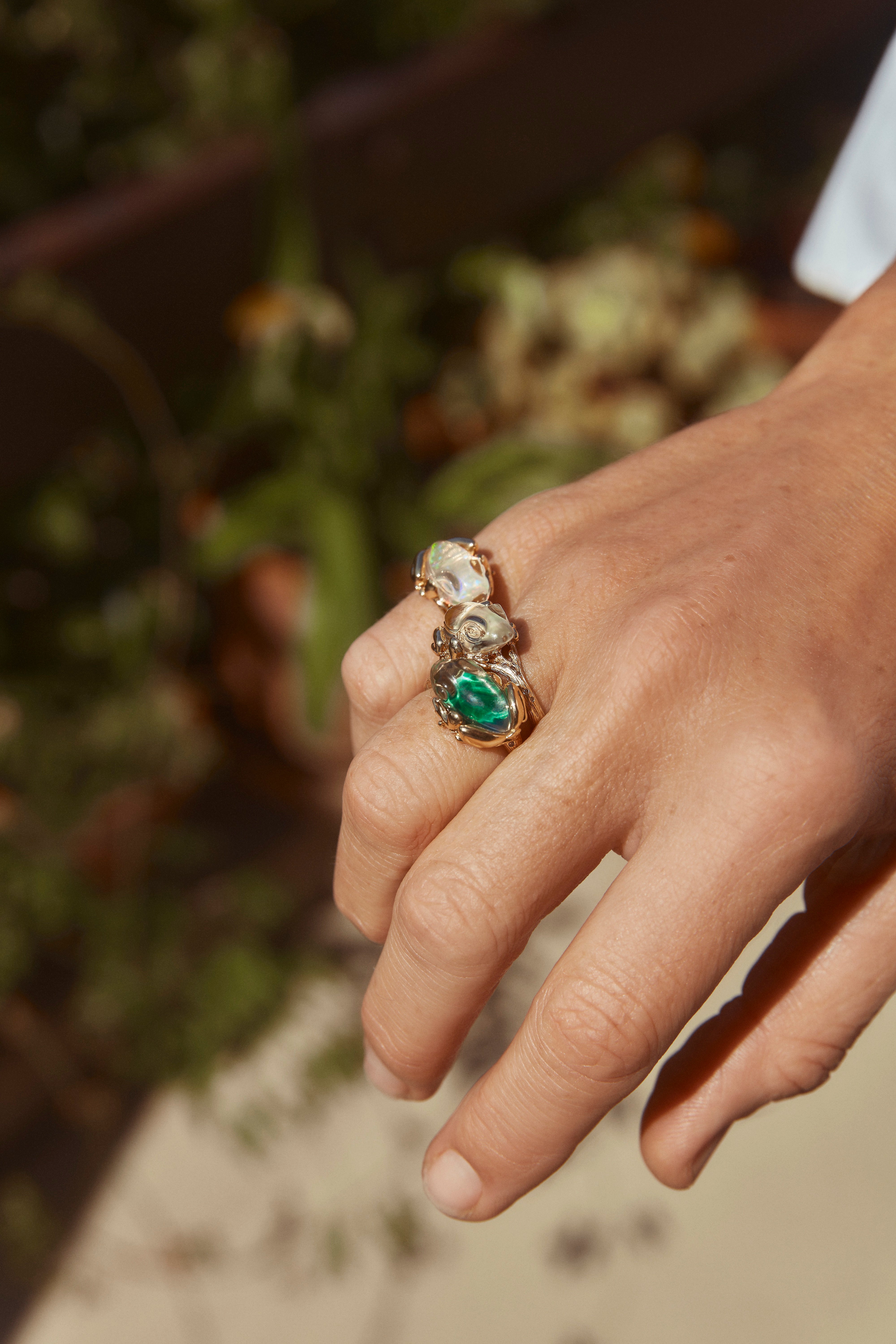 18k yellow gold opal and carved white quartz frog ring by Bibi van der Velden Tiny Gods