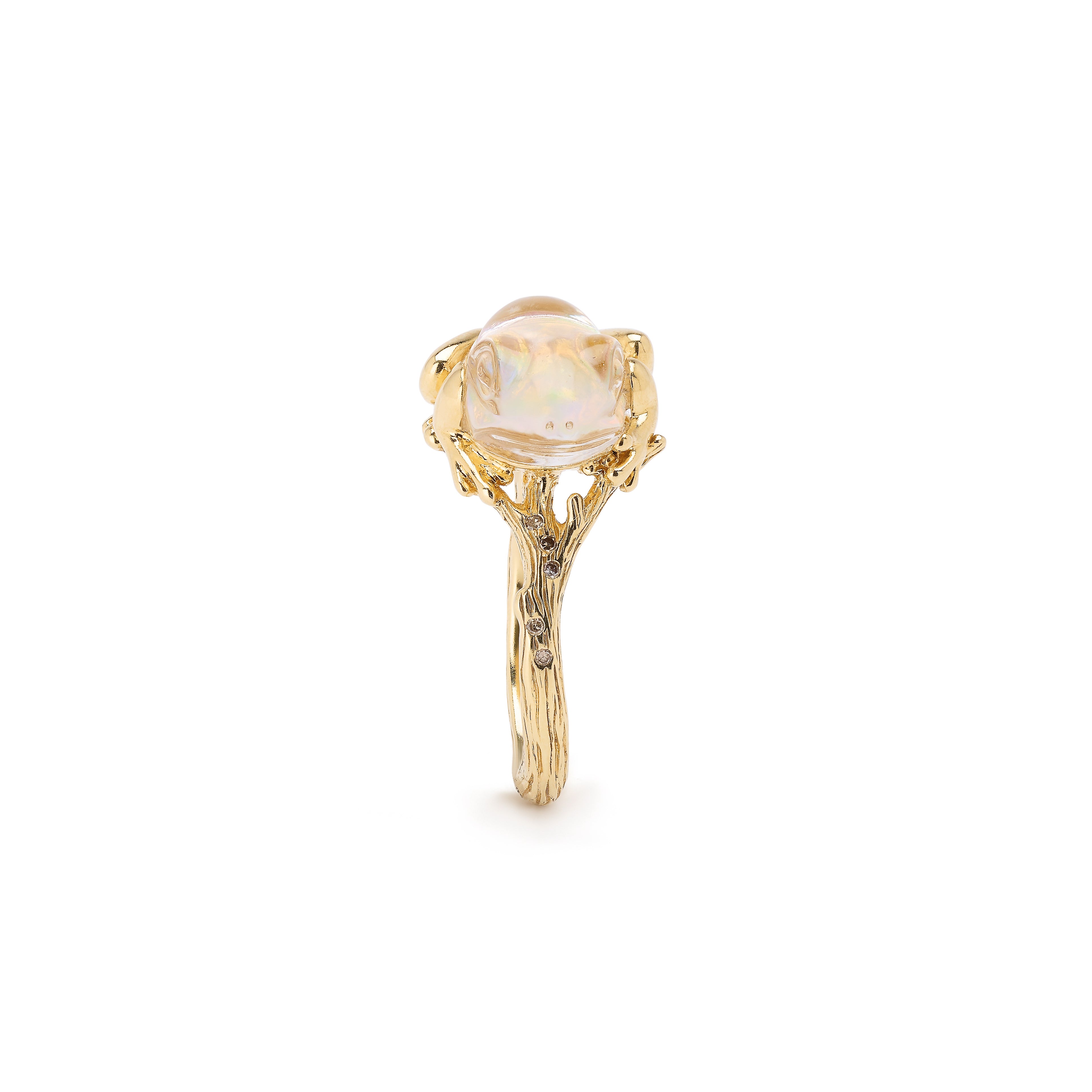 18k yellow gold opal and carved white quartz frog ring by Bibi van der Velden Tiny Gods