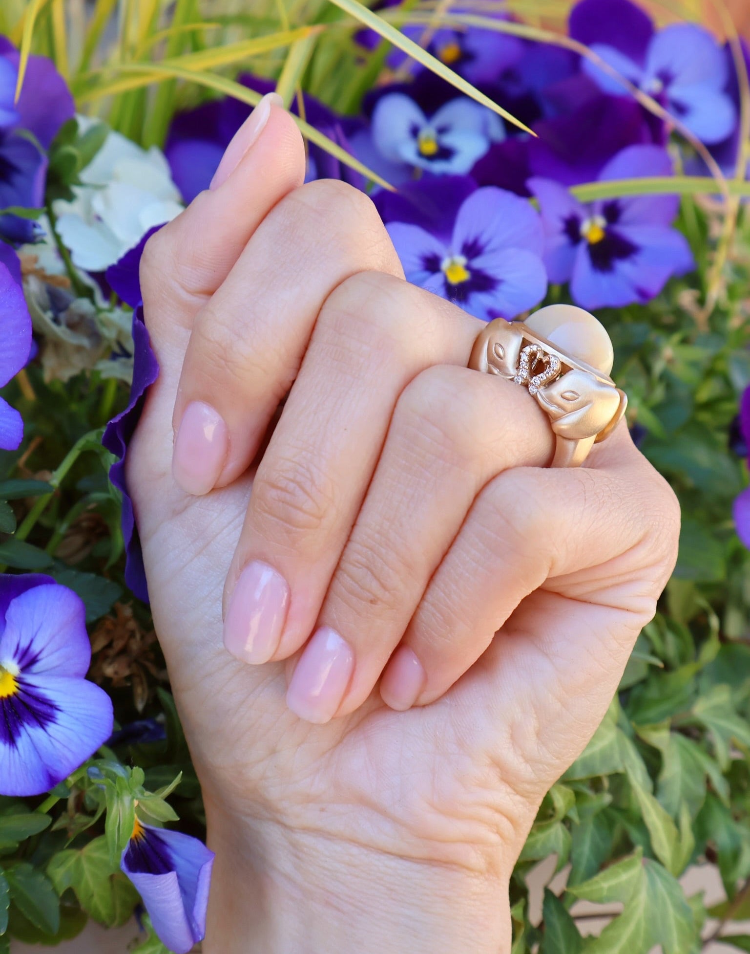 18k yellow gold cabochon opal ring with kissing elephant trunk with diamonds by Guita M Tiny Gods