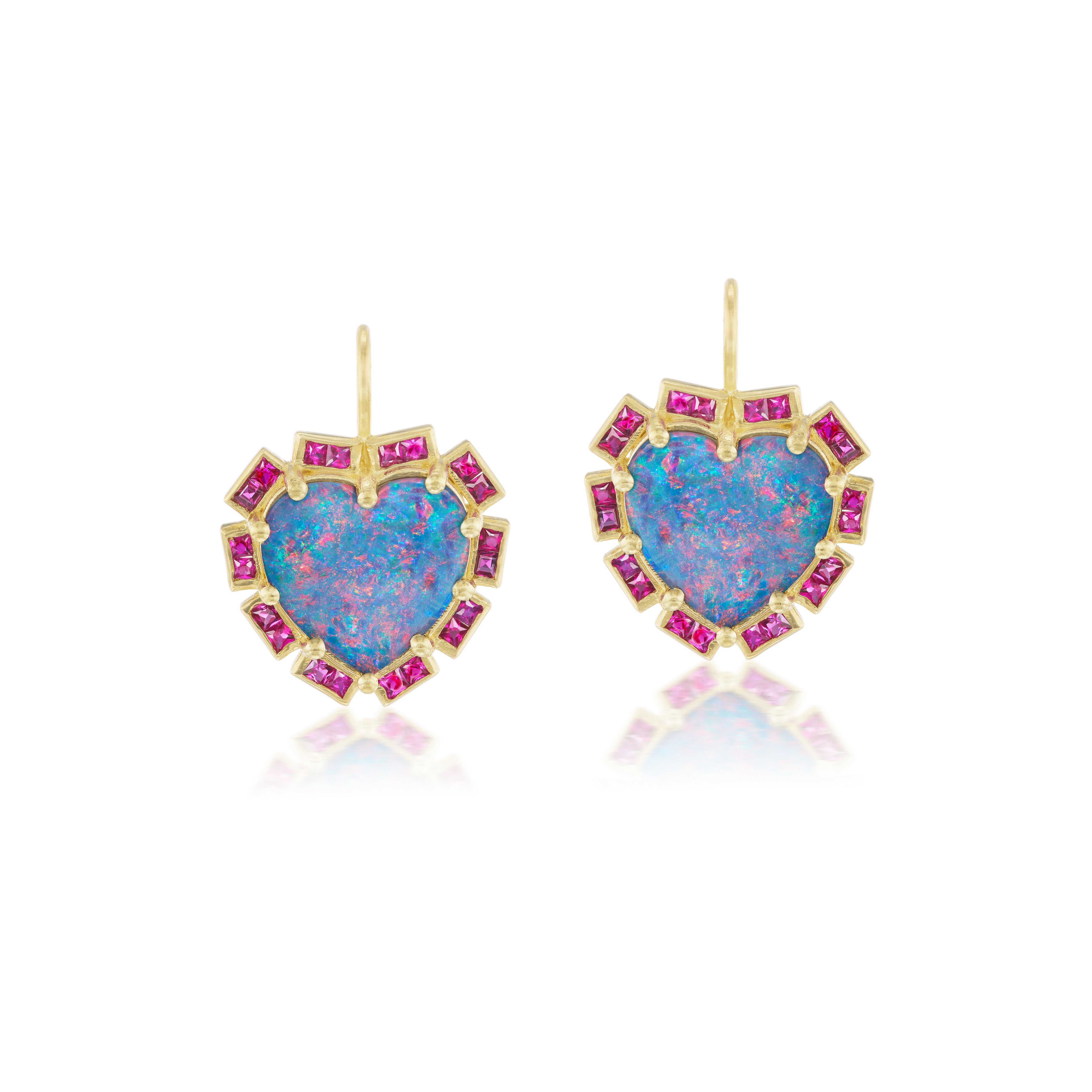 18k yellow gold carved opal heart earrings with ruby border on French wire hooks by Sylva & Cie Tiny Gods