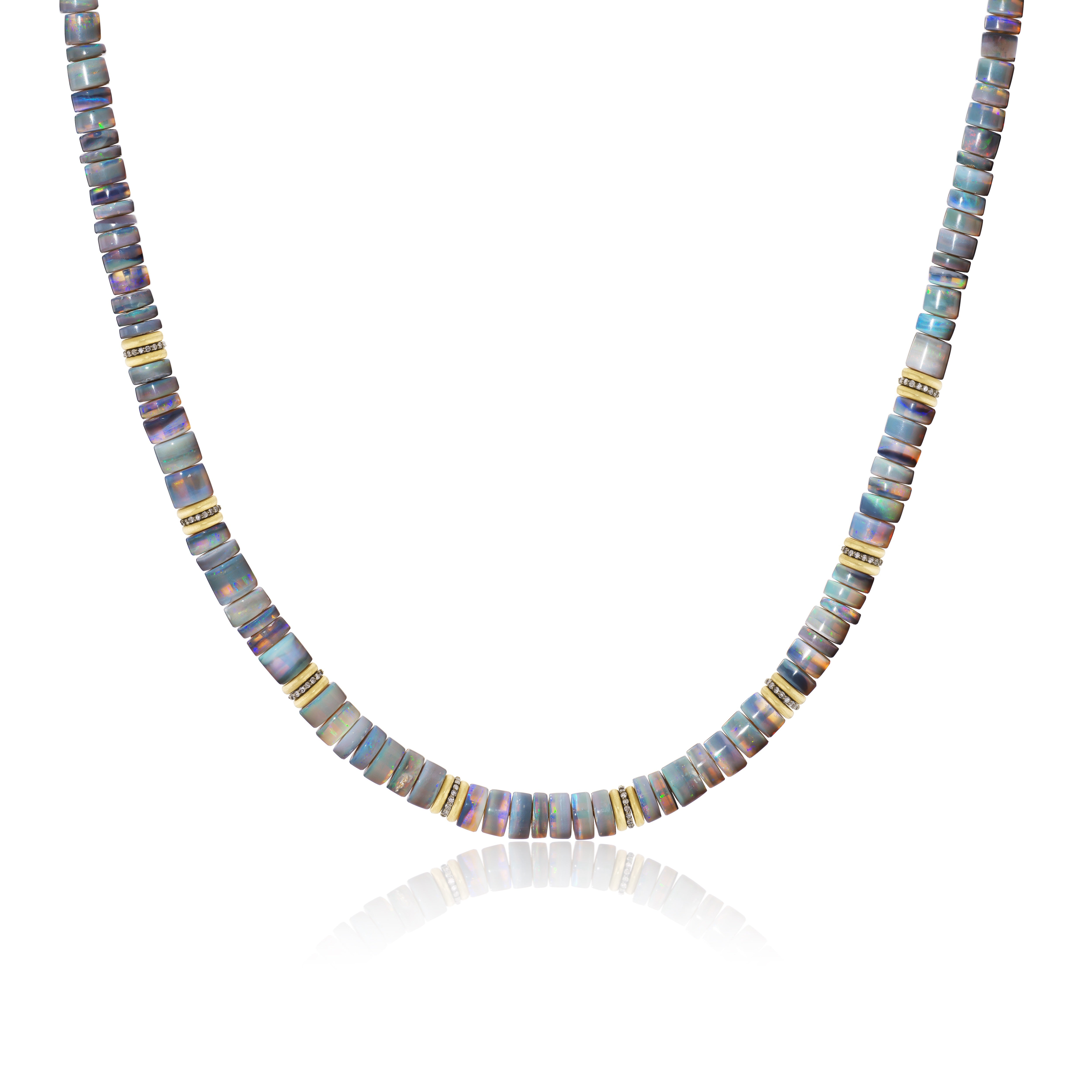 18k yellow gold opal rondelle beaded necklace with tsavorite rondelle by Sylva & Cie Tiny Gods