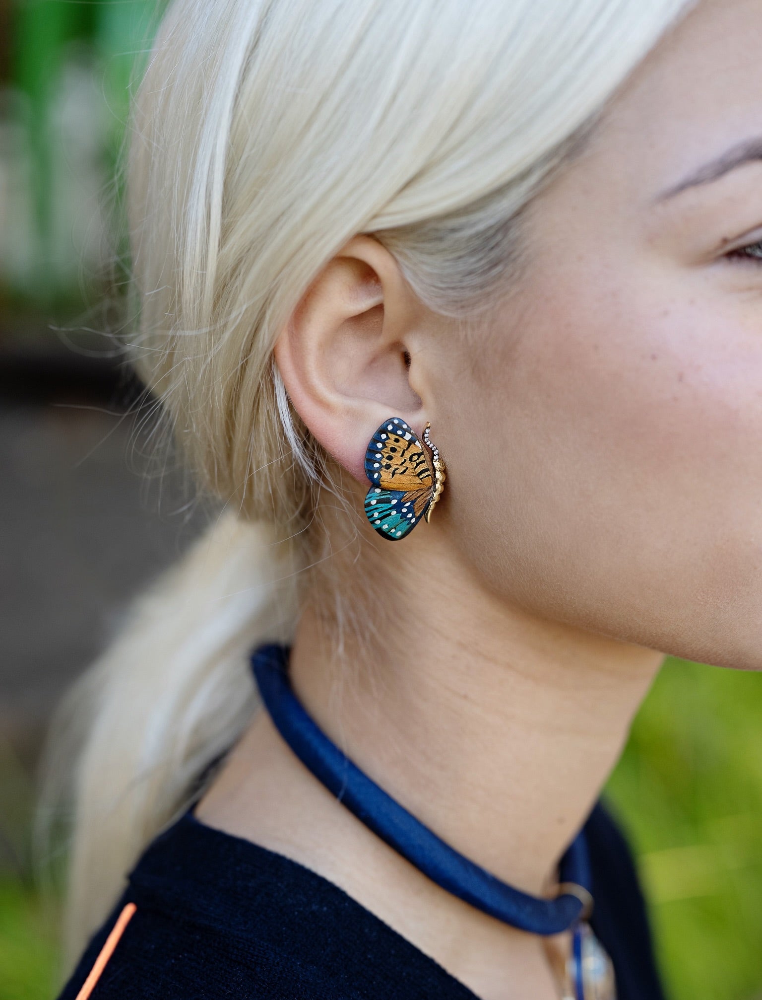 18k yellow gold orange blue brown black and white petite diamond butterfly wing marquetry earrings by Silvia Furmanovich Tiny Gods