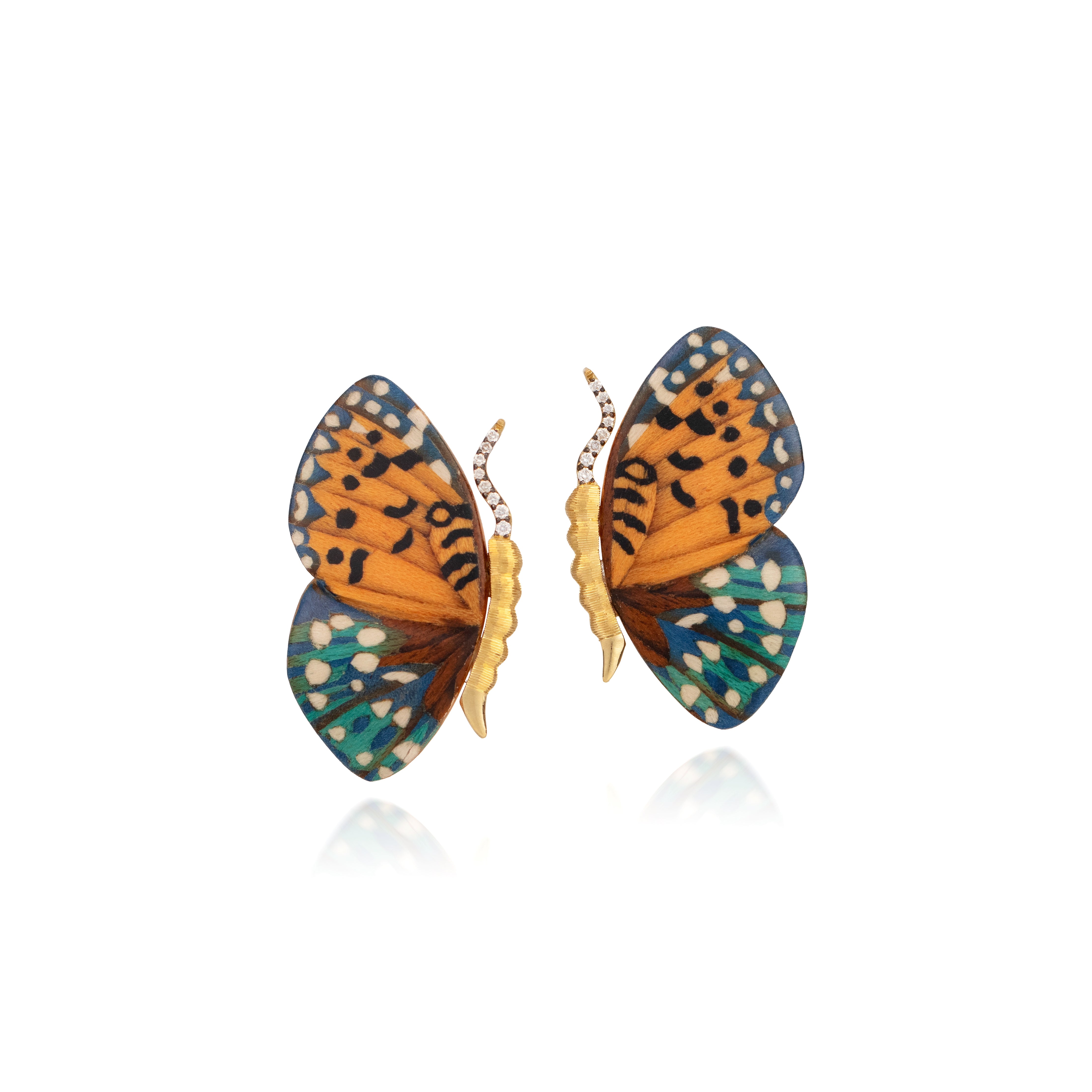 18k yellow gold orange blue brown black and white petite diamond butterfly wing marquetry earrings by Silvia Furmanovich Tiny Gods