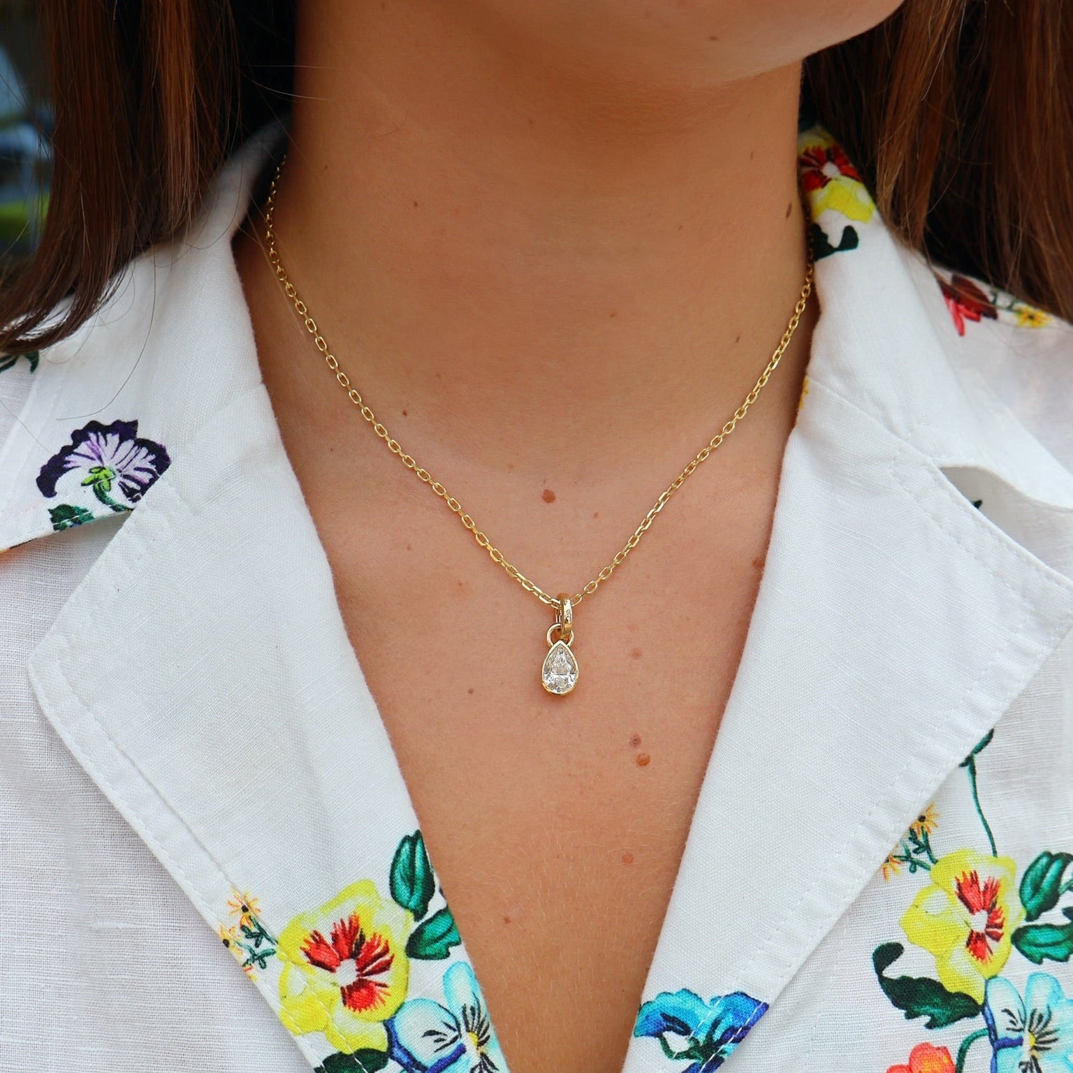 18k yellow gold pear diamond bezel set pendant charm by Tiny Gods