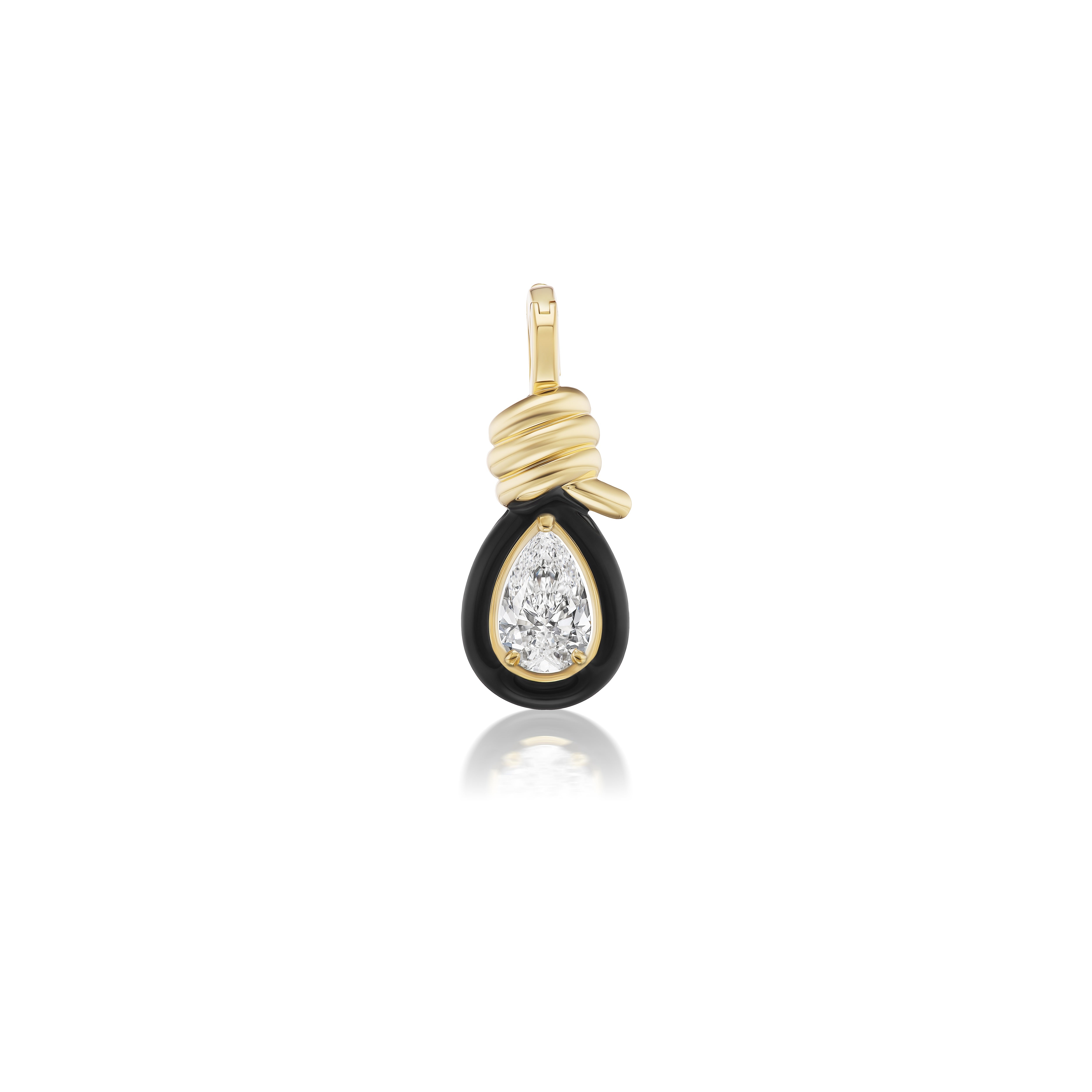 18k yellow gold pear diamond black enamel twist pendant by Tiny Gods