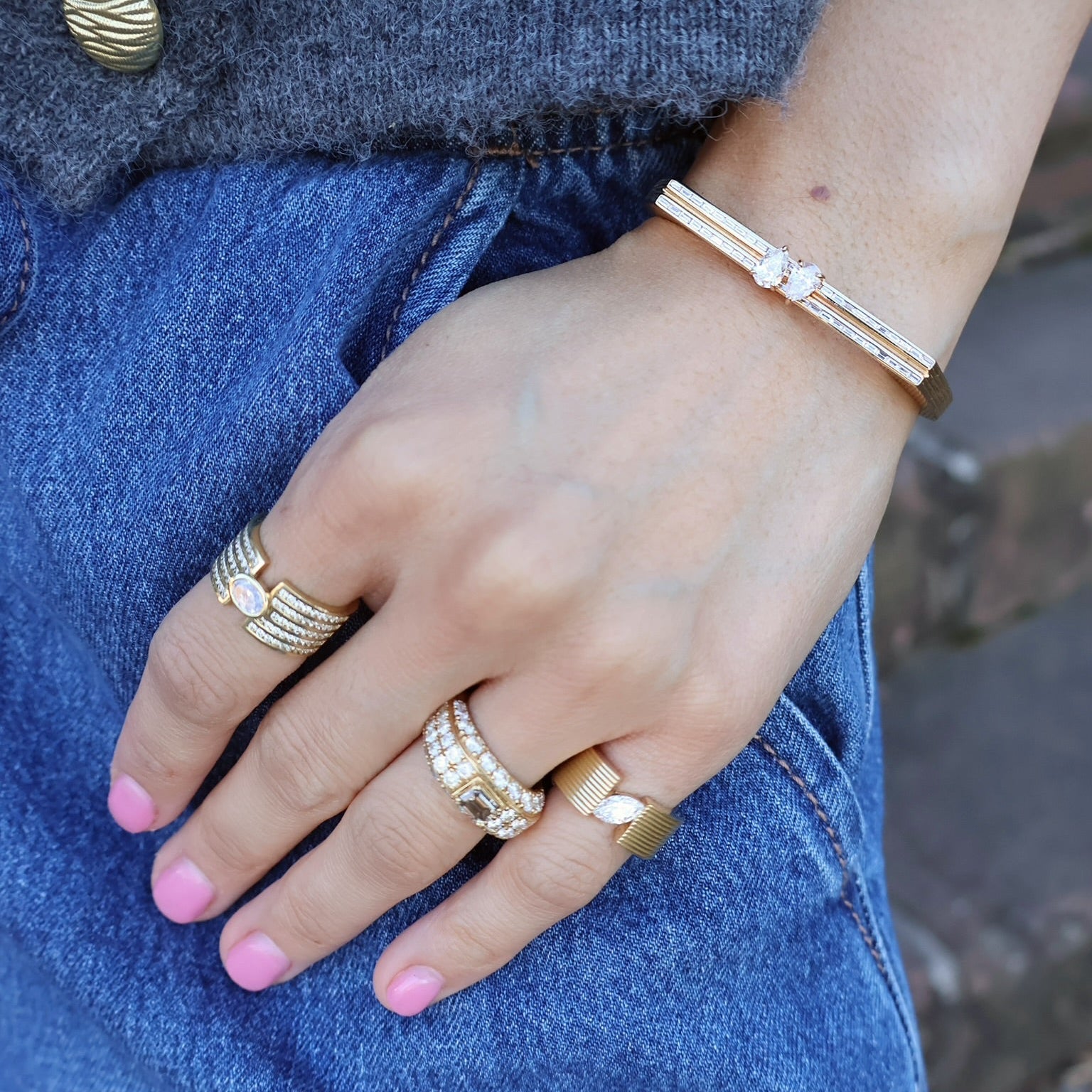 18k yellow gold double pear diamond blade cuff bracelet bangle with baguette diamonds by Loraida Tiny Gods