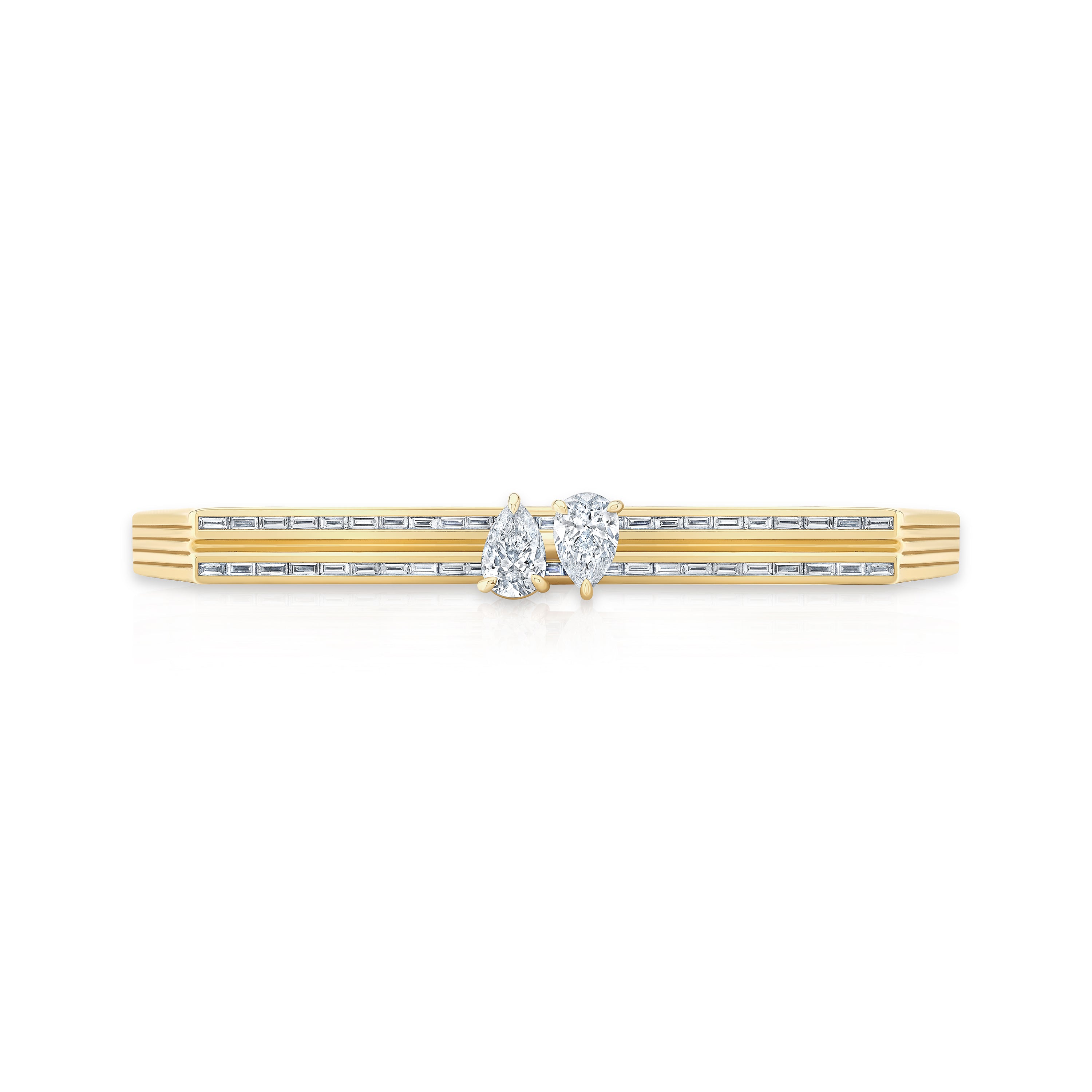 18k yellow gold double pear diamond blade cuff bracelet bangle with baguette diamonds by Loraida Tiny Gods