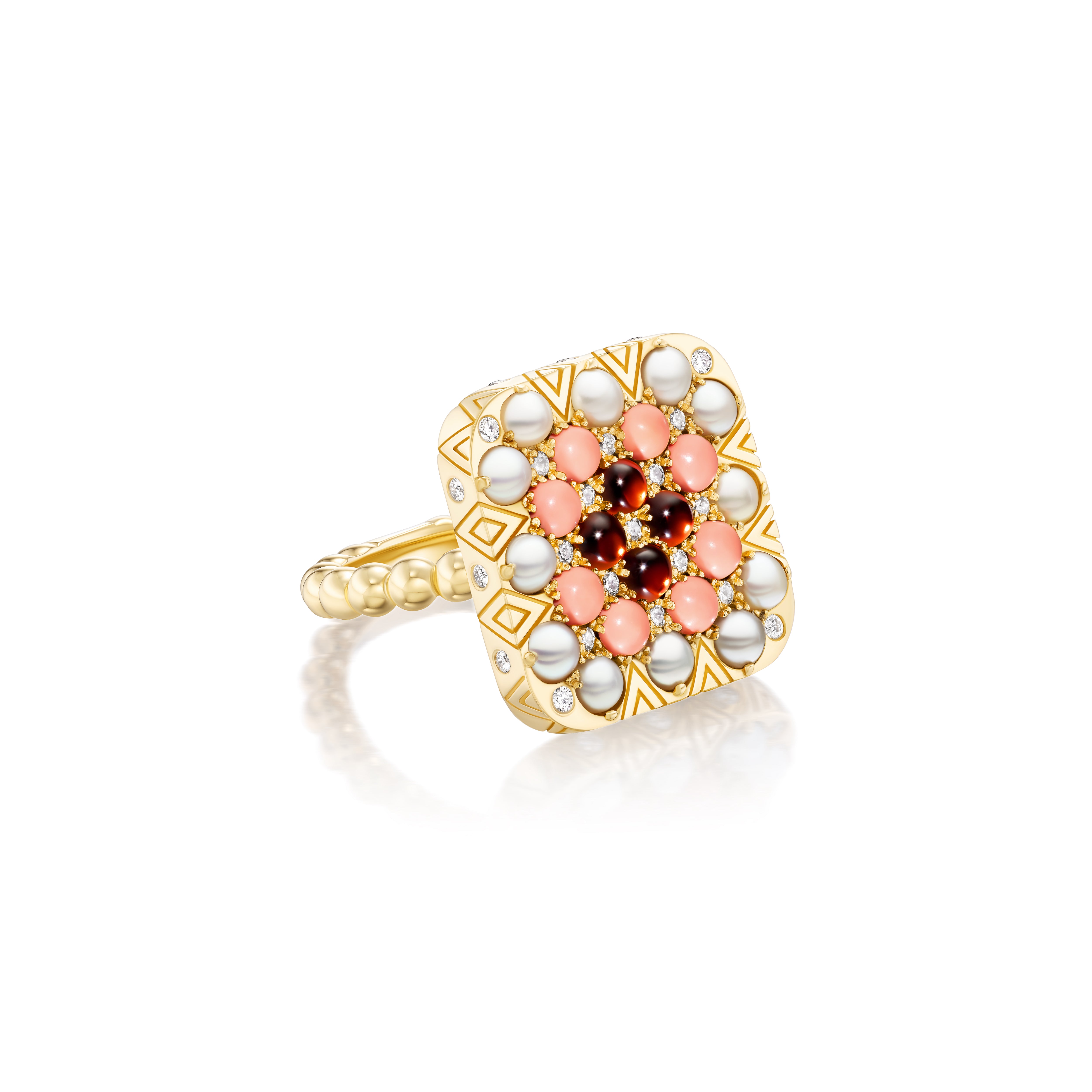 18k yellow gold pearl coral and red garnet diamong granny square ring agnes by Harwell Godfrey Tiny Gods