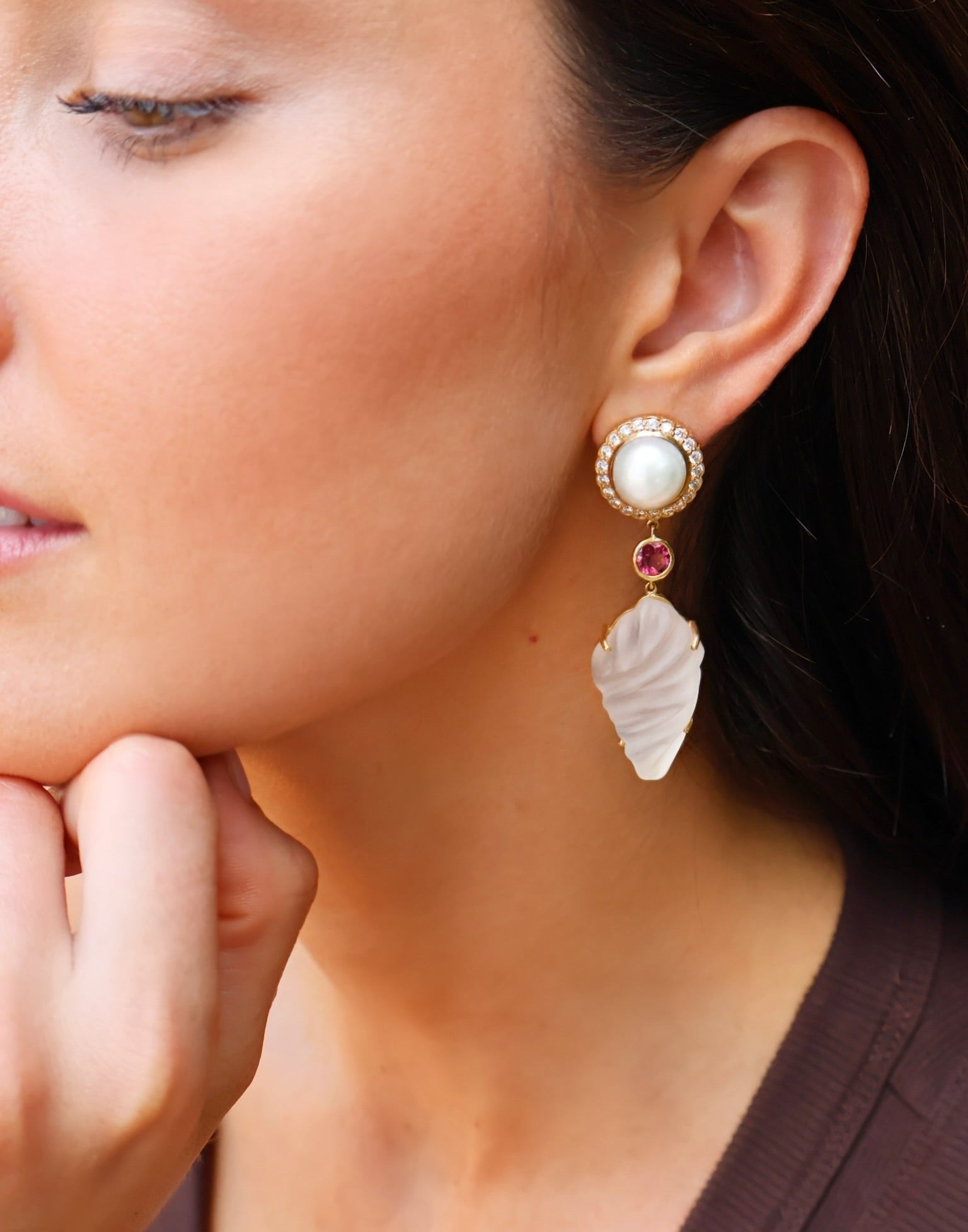 18k yellow gold mother of pearl diamond halo drop earrings with carved crystal and rubellite earrings by Tallin Tiny Gods