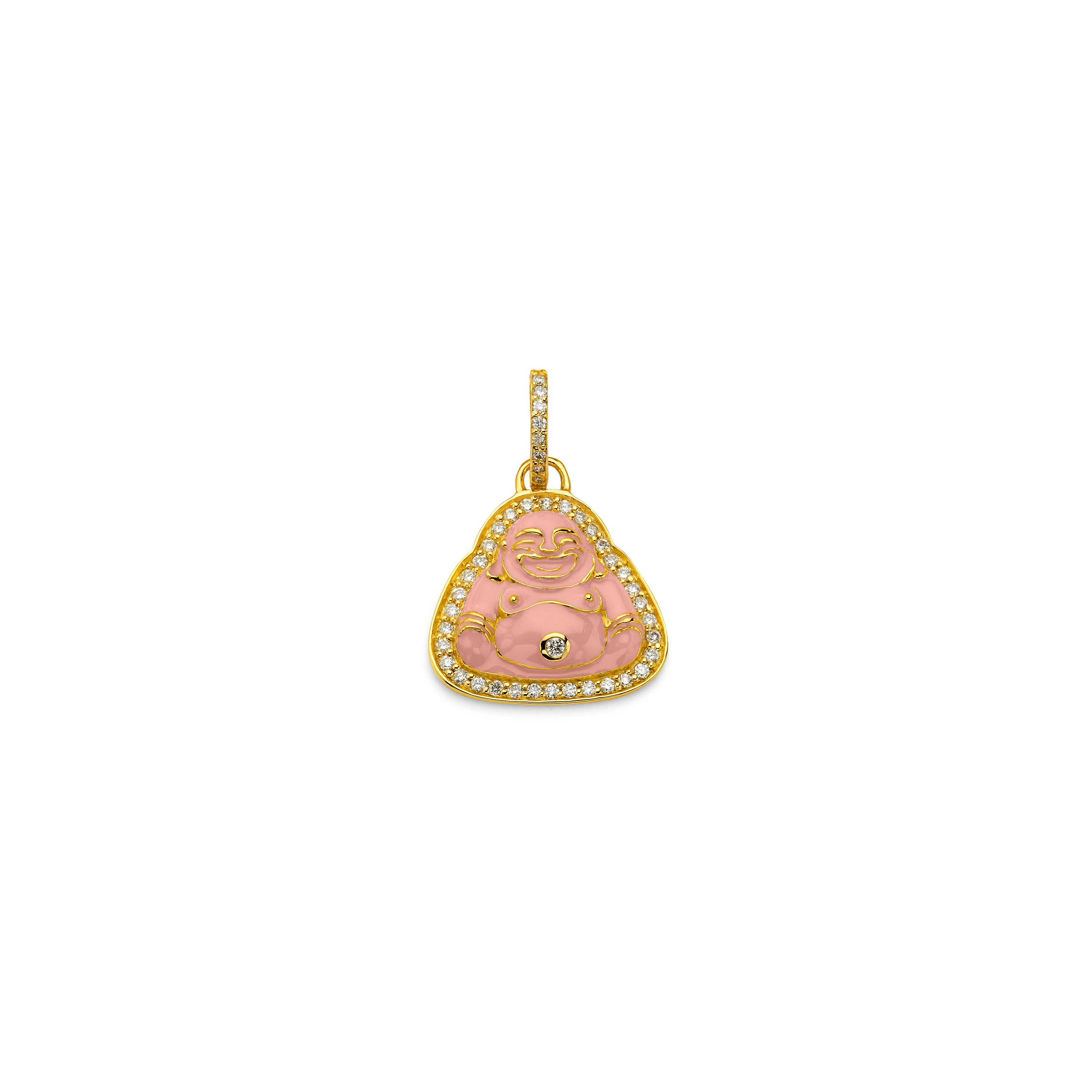 20k yellow gold small baby buddha pendant with pink enamel and diamonds by Buddha Mama Tiny Gods